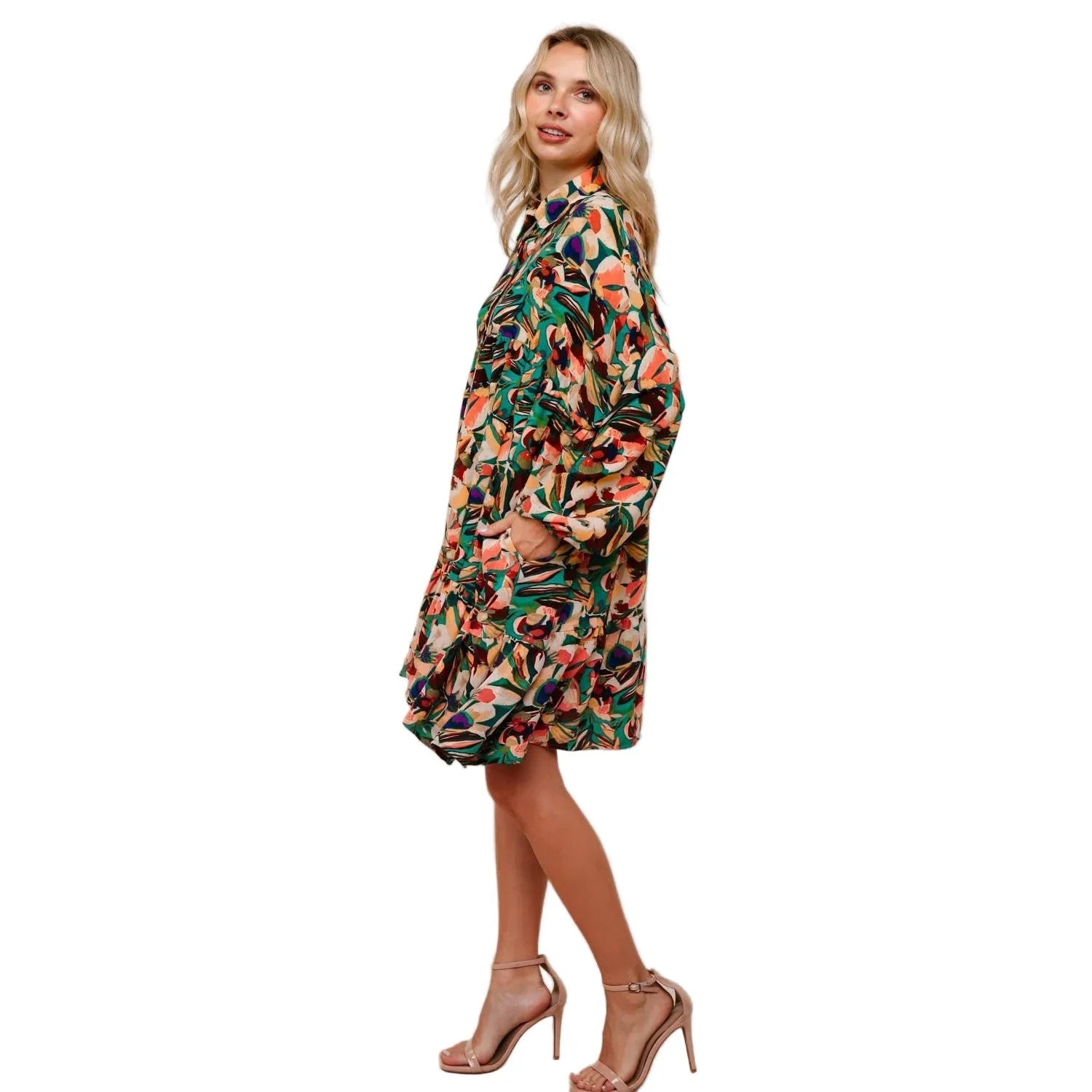 Women's Collared Floral Dress with Ruffle HD7160A