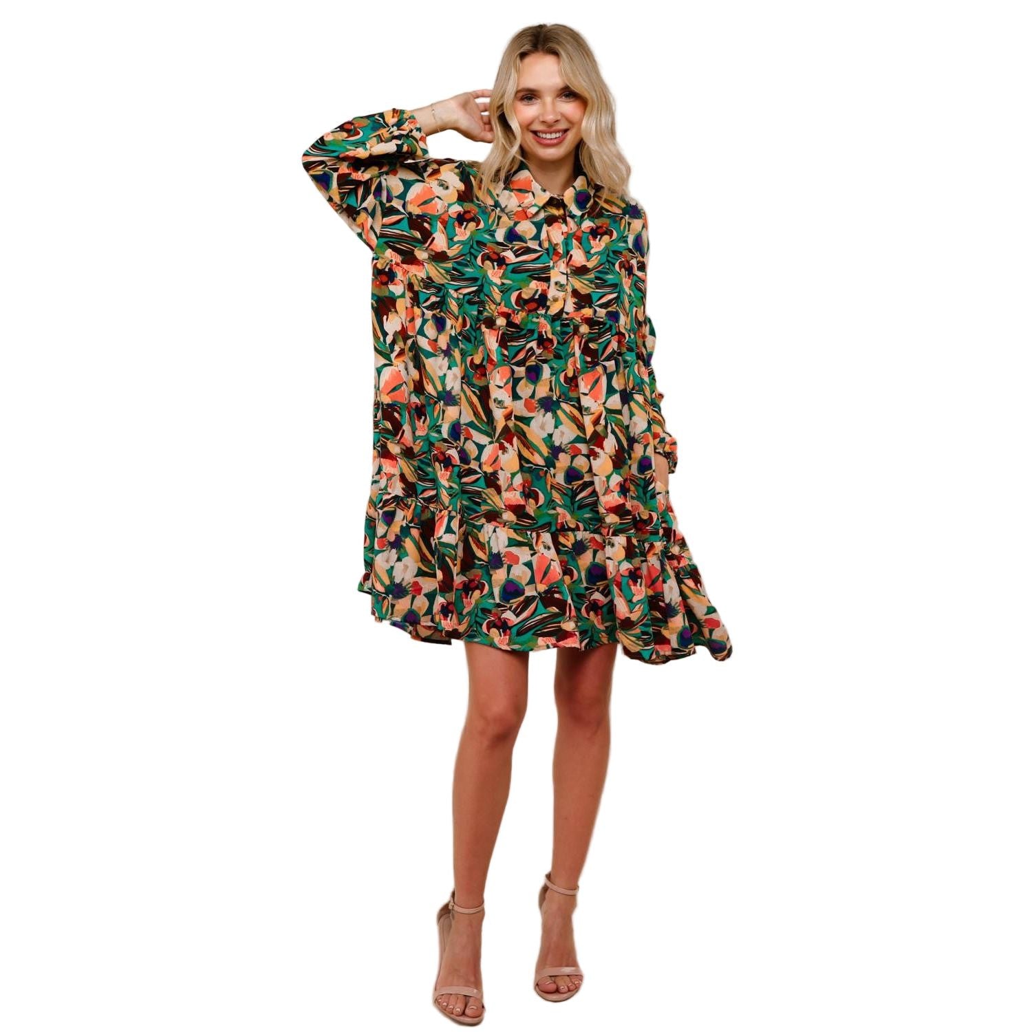 Women's Collared Floral Dress with Ruffle HD7160A