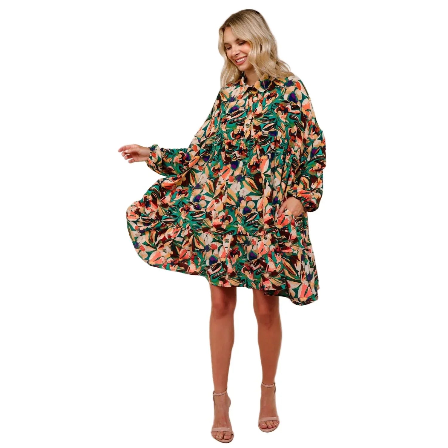 Women's Collared Floral Dress with Ruffle HD7160A