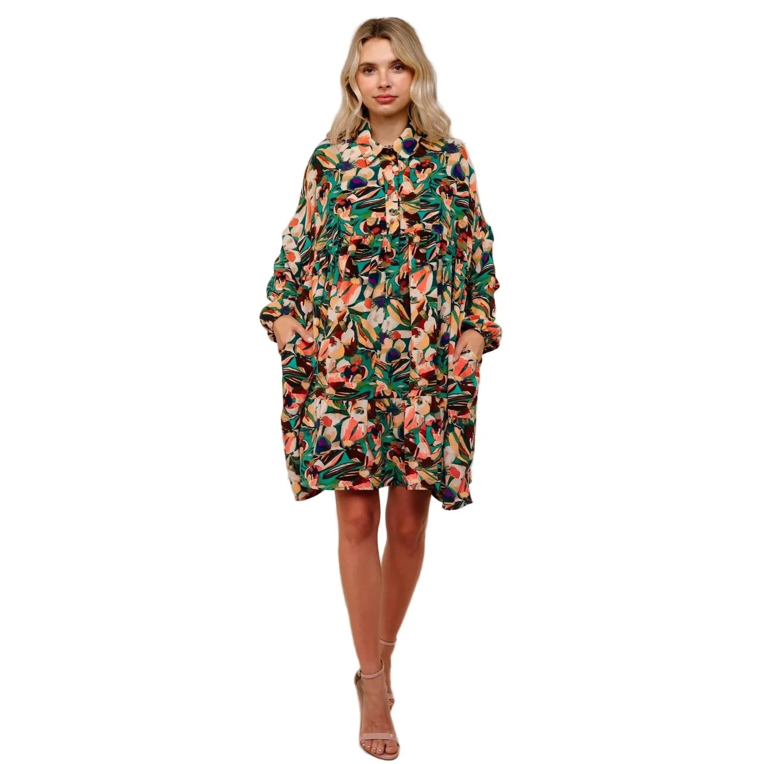 Women's Collared Floral Dress with Ruffle HD7160A