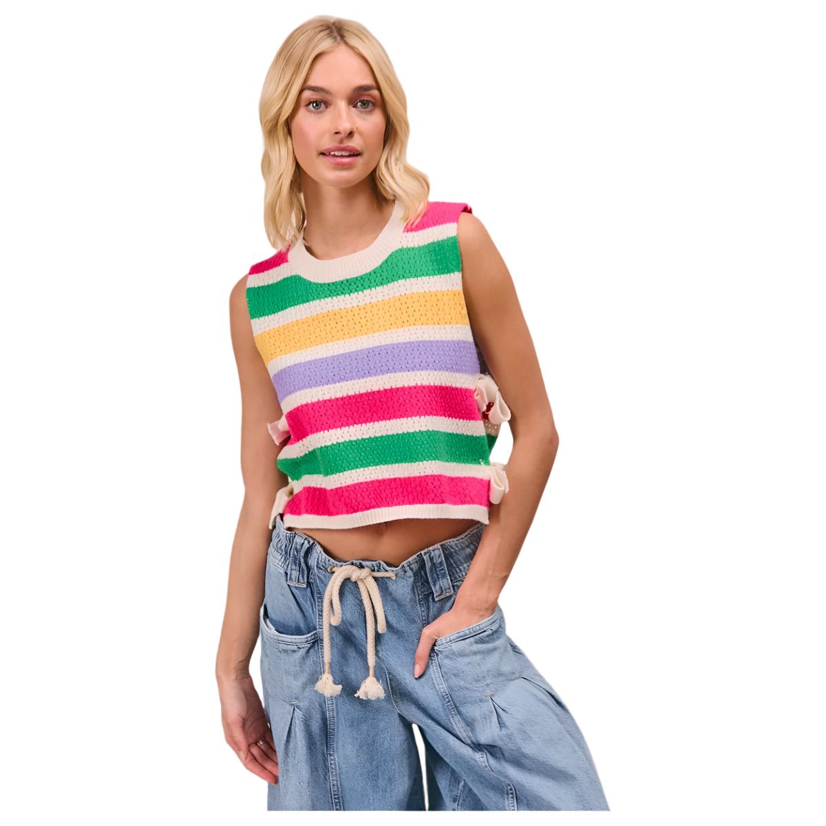 Women's Color Block Stripes Side Tied Sweater Vest IT3515-11 - Crazy House Western Wear