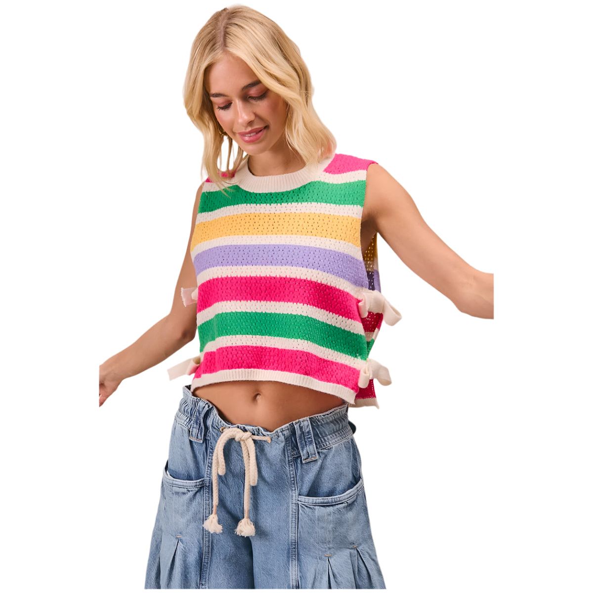 Women's Color Block Stripes Side Tied Sweater Vest IT3515-11 - Crazy House Western Wear