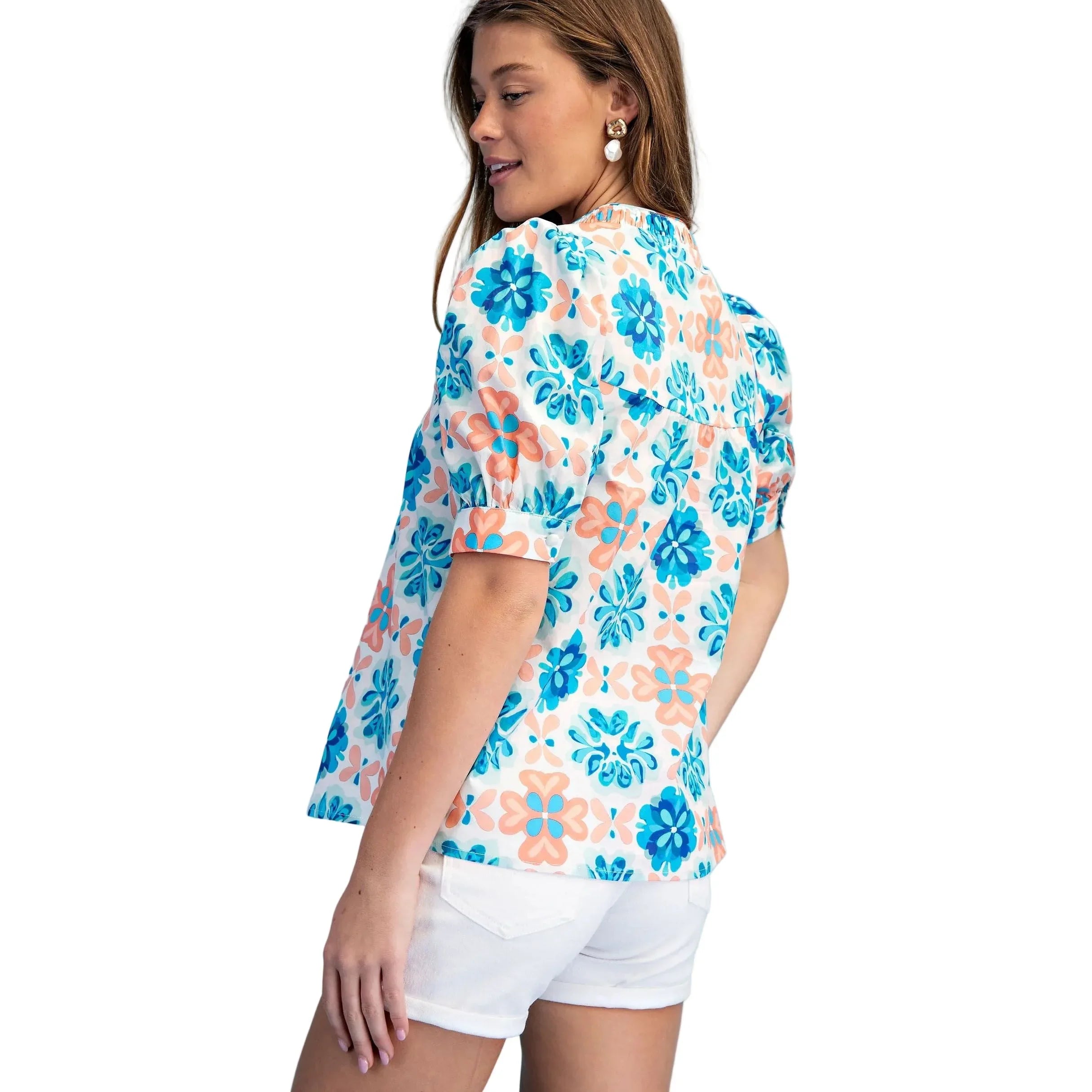 Women's Coral and Blue Abstract Floral Print Button Up Blouse TE1741