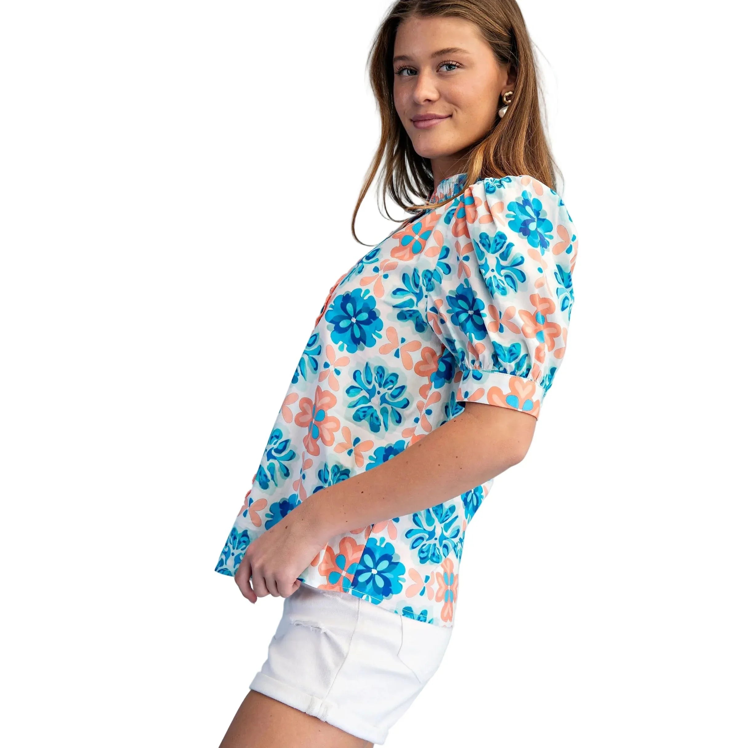 Women's Coral and Blue Abstract Floral Print Button Up Blouse TE1741
