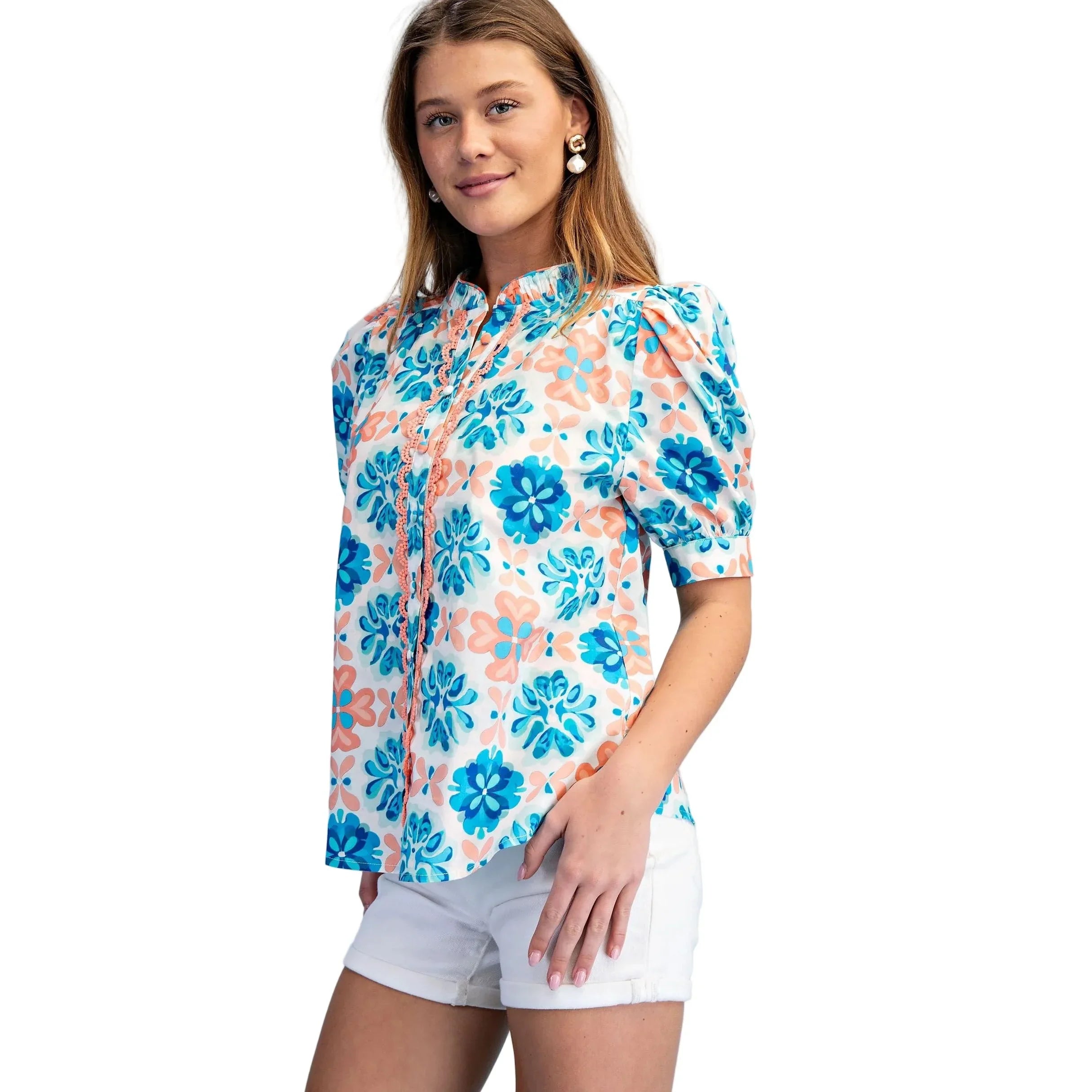 Women's Coral and Blue Abstract Floral Print Button Up Blouse TE1741