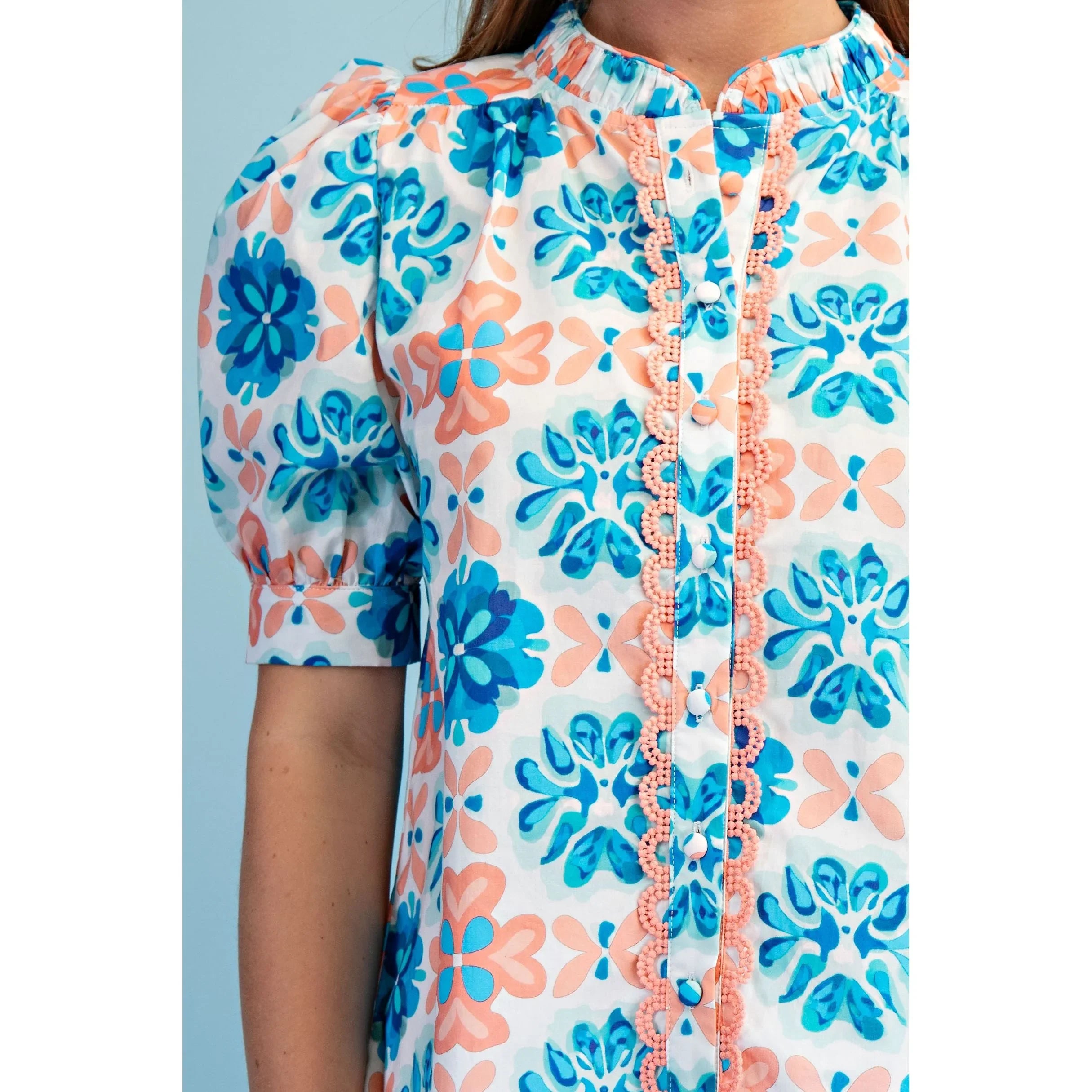 Women's Coral and Blue Abstract Floral Print Button Up Blouse TE1741