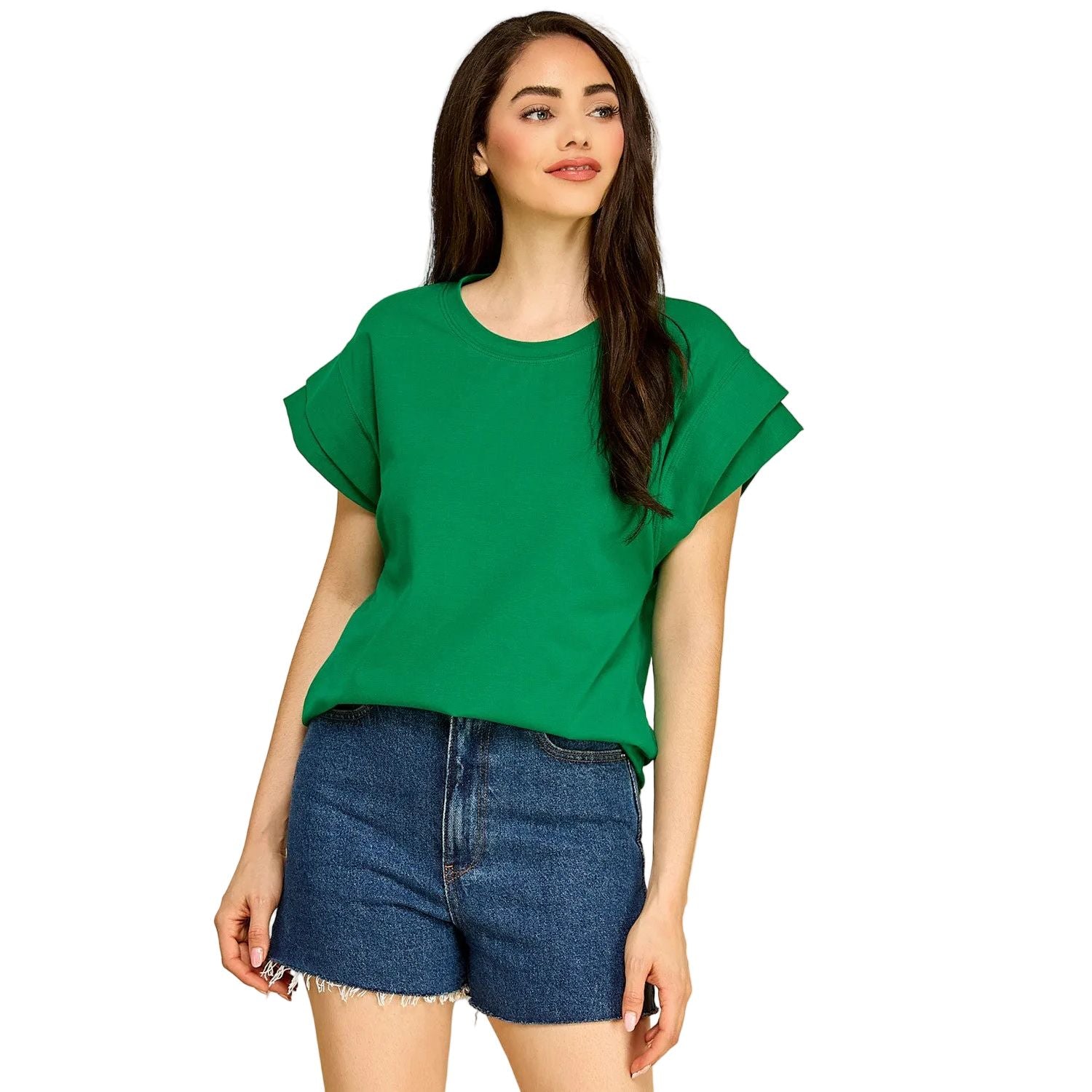 Women's Cotton Spandex Cuffed Sleeve Top T1827