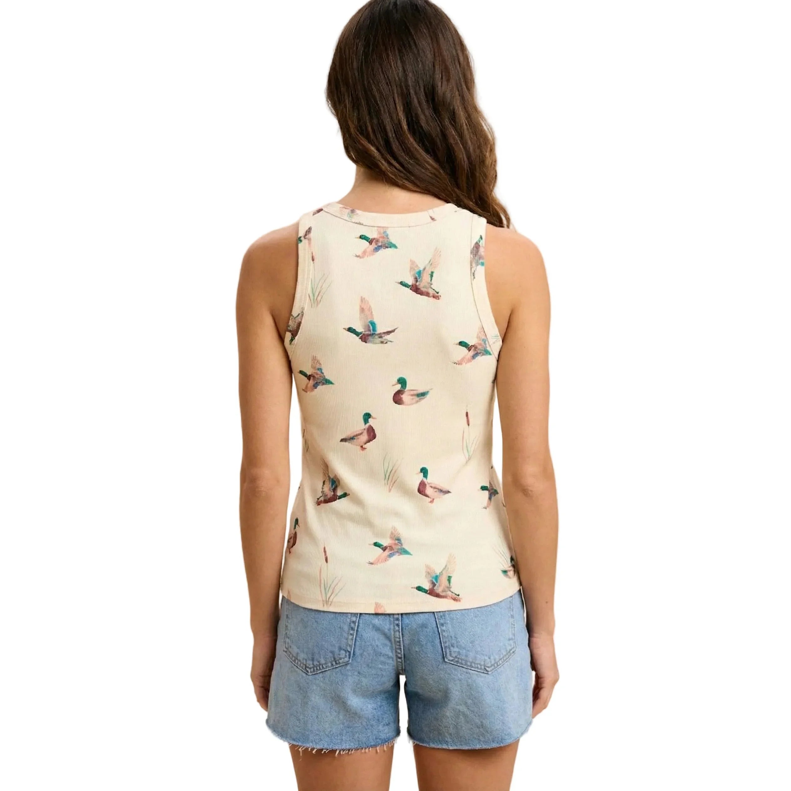 Women's Cream Mallard Duck Print Rib Knit Tank Top AT10018S