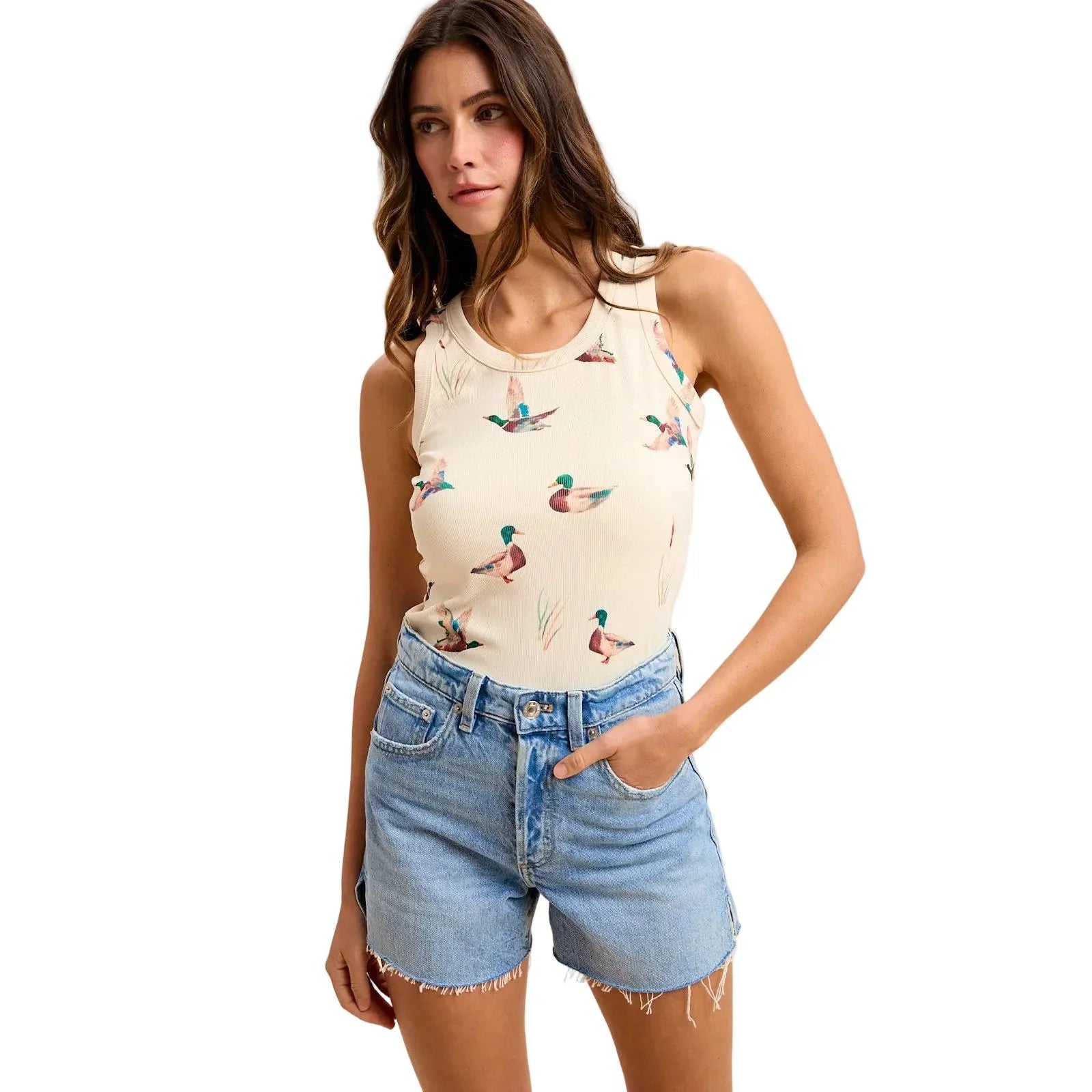 Women's Cream Mallard Duck Print Rib Knit Tank Top AT10018S