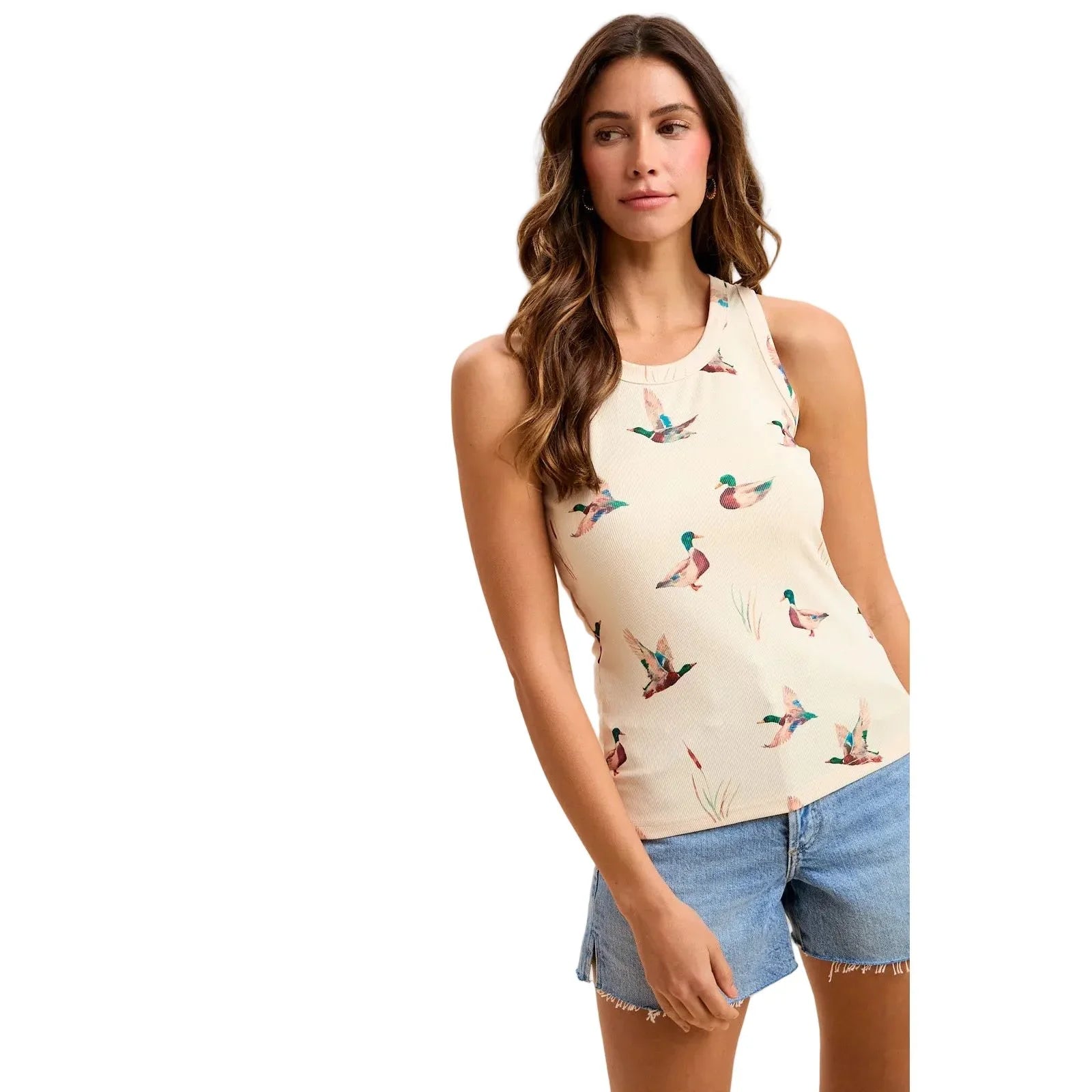 Women's Cream Mallard Duck Print Rib Knit Tank Top AT10018S