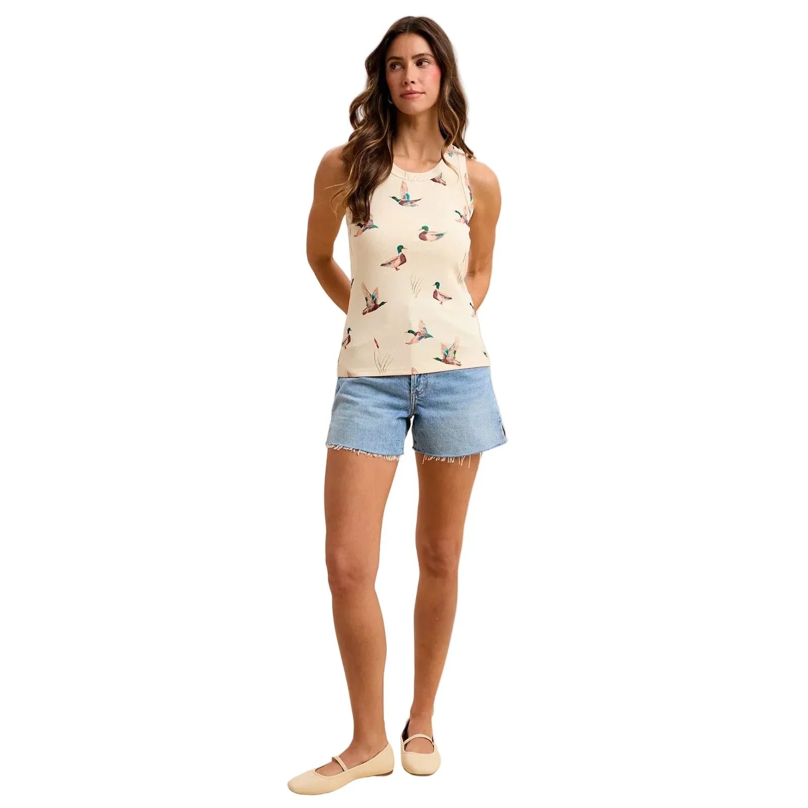 Women's Cream Mallard Duck Print Rib Knit Tank Top AT10018S