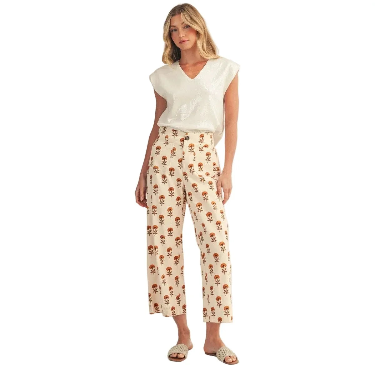 Women's Cream Wide Leg Boho Floral Casual Pants H41163-10