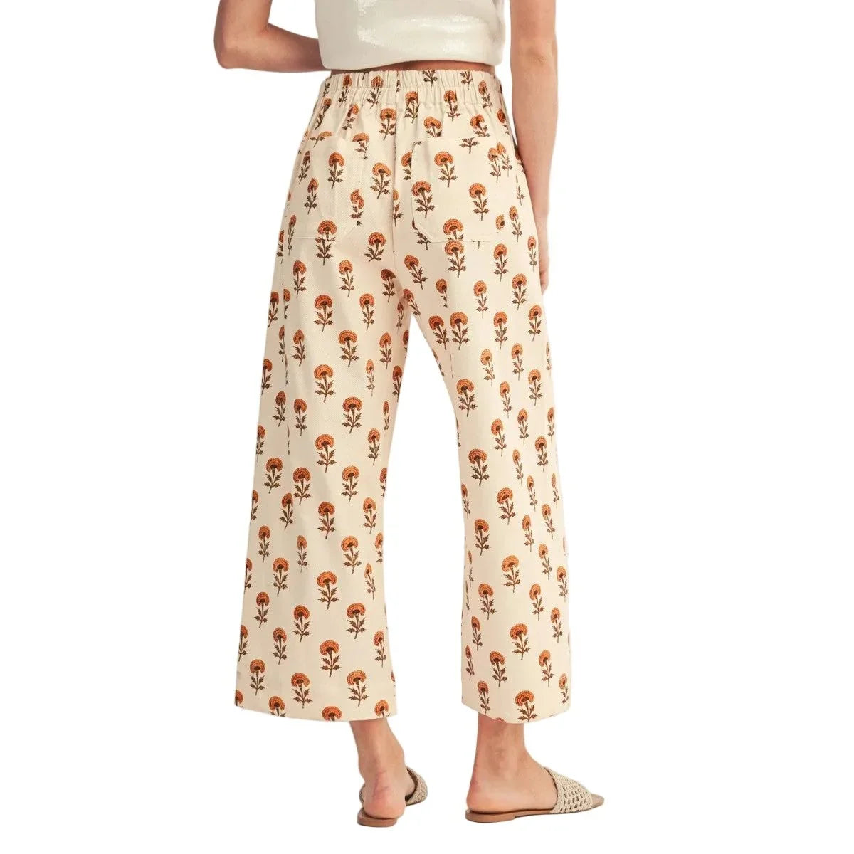 Women's Cream Wide Leg Boho Floral Casual Pants H41163-10