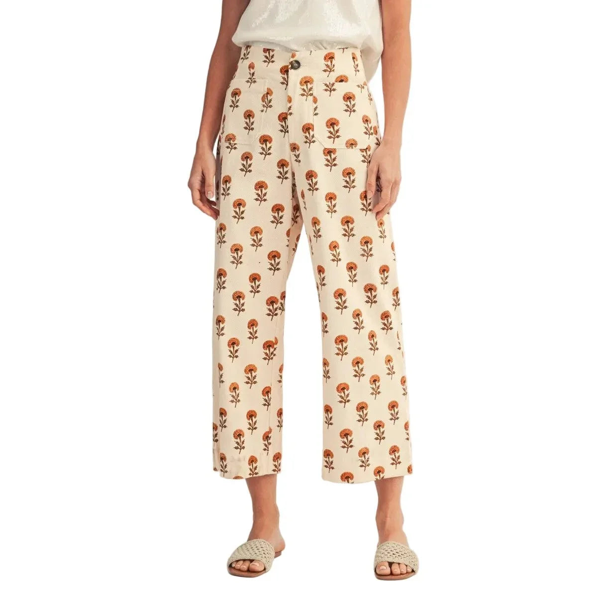 Women's Cream Wide Leg Boho Floral Casual Pants H41163-10