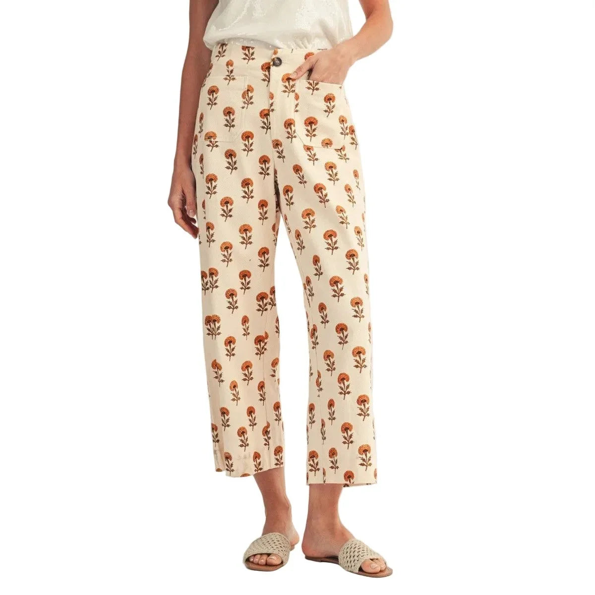 Women's Cream Wide Leg Boho Floral Casual Pants H41163-10