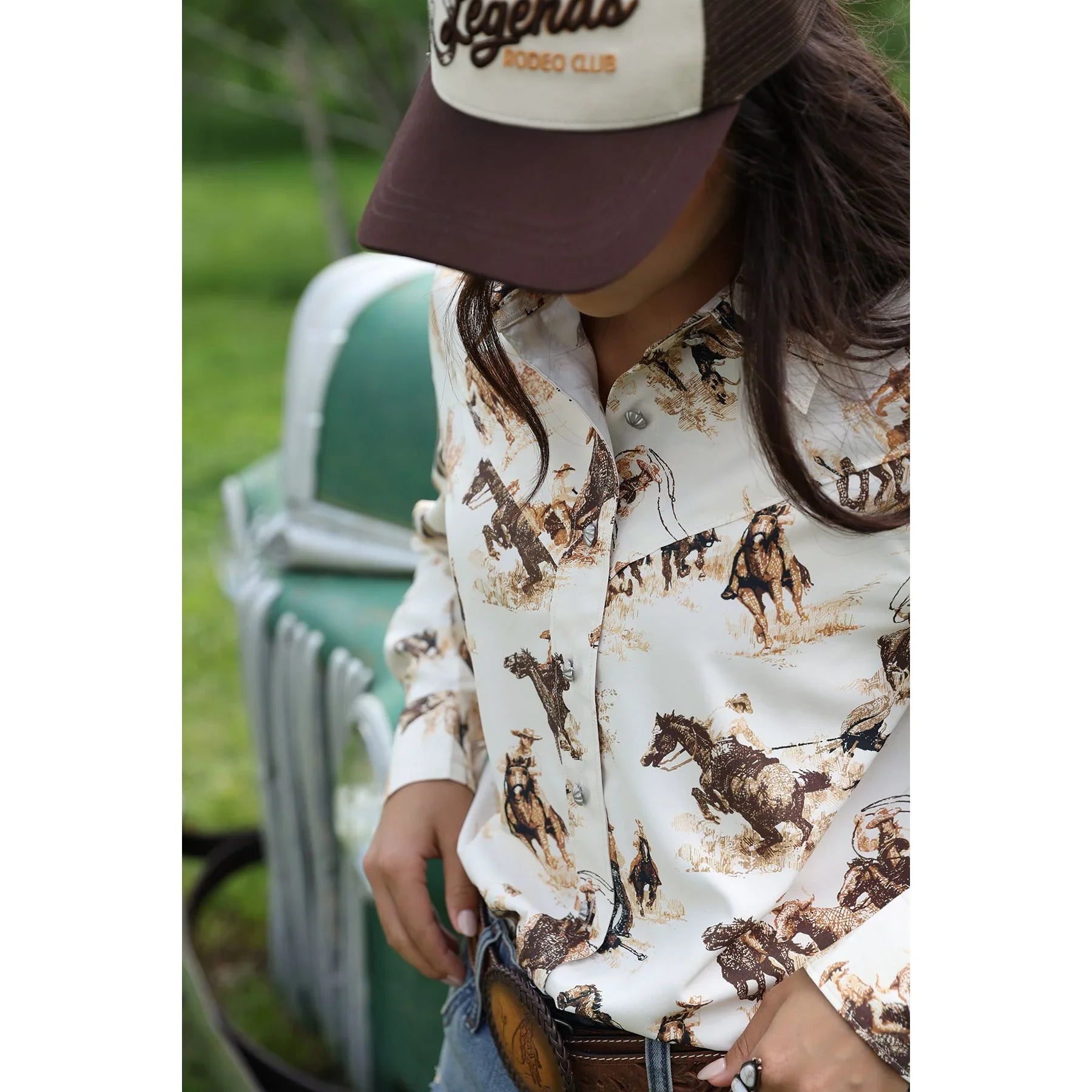 Women's Cruel Girl Rrodeo Print Long Sleeve Button Up CTW7537001