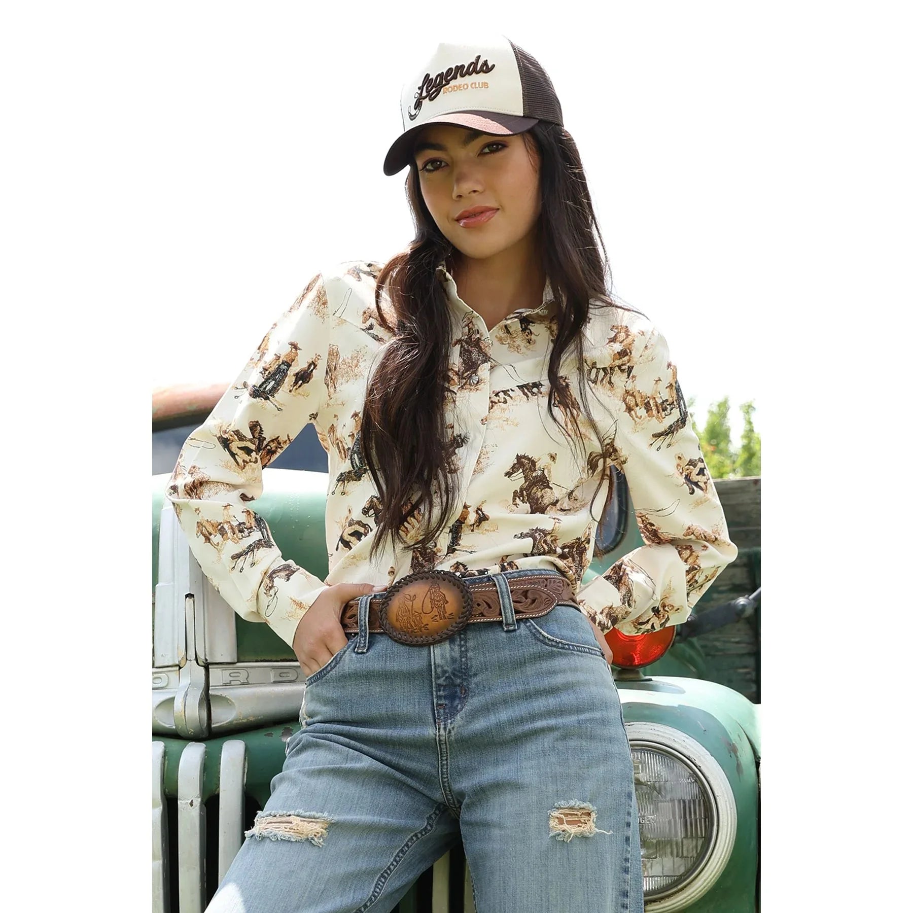 Women's Cruel Girl Rrodeo Print Long Sleeve Button Up CTW7537001