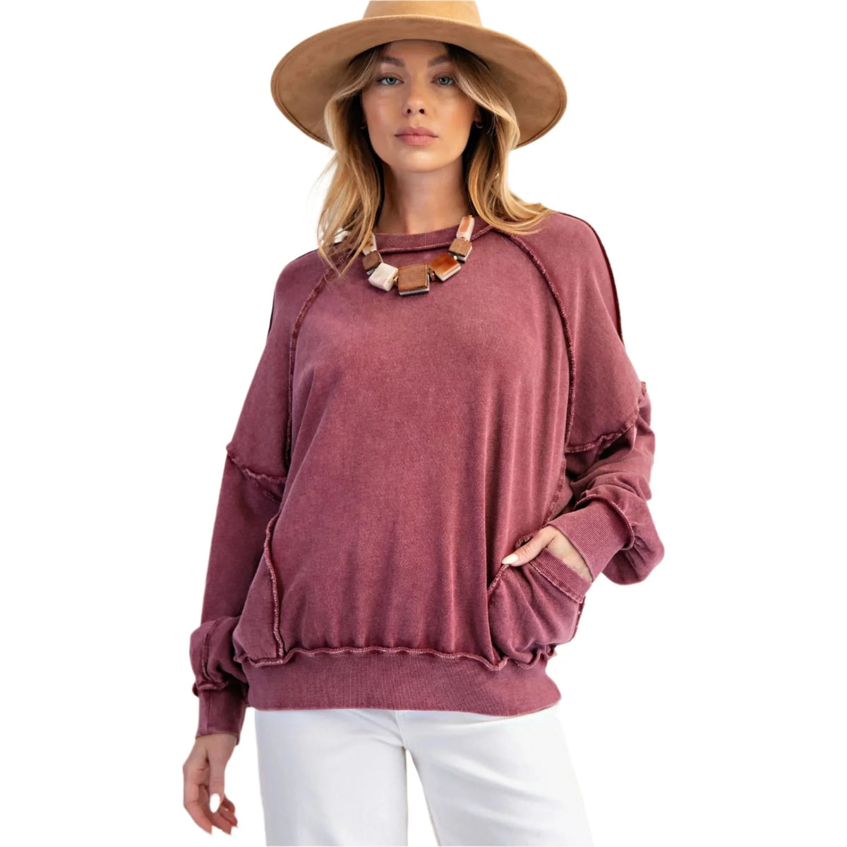 Women's Cut Out Mineral Washed Pullover ET23226 - Crazy House Western Wear