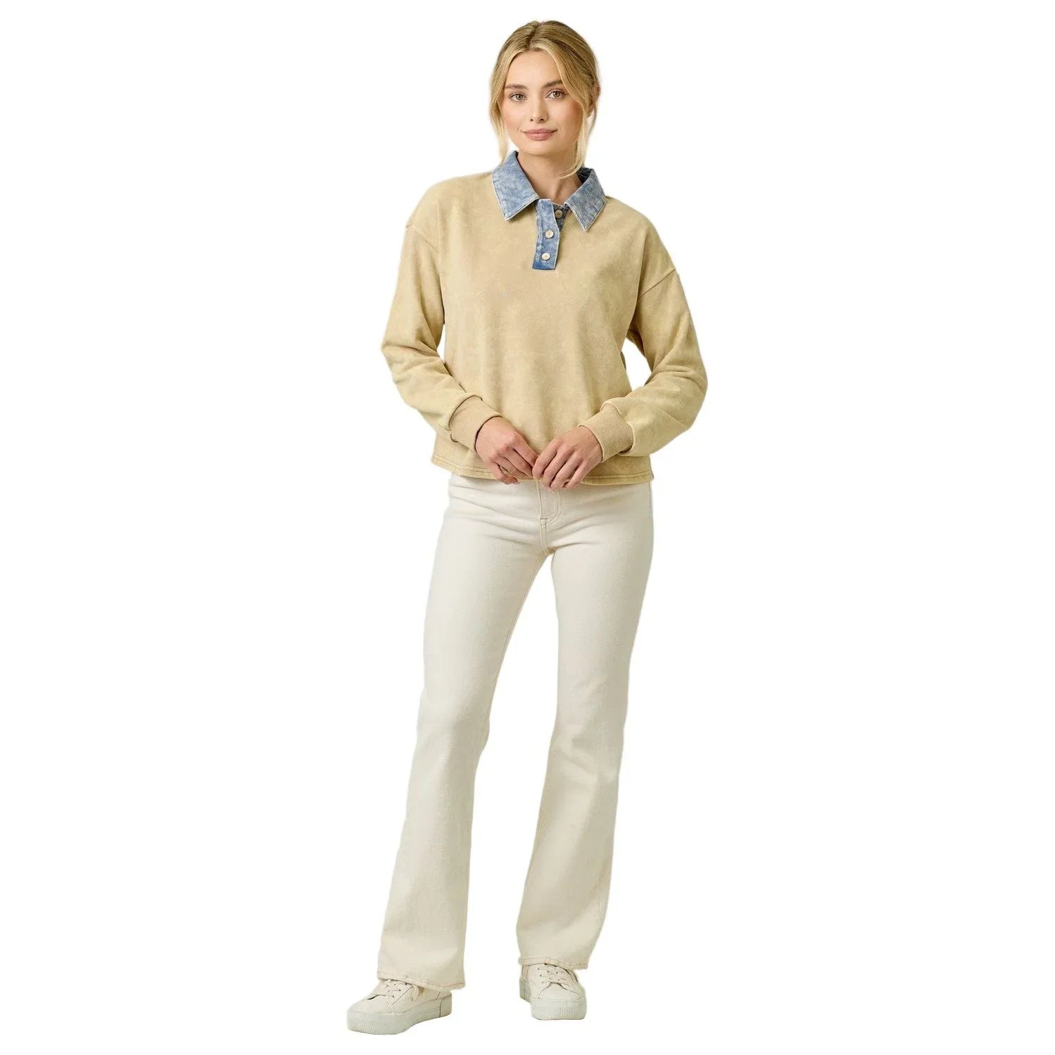 Women's Denim Collar Washed Polo Shirt 61239