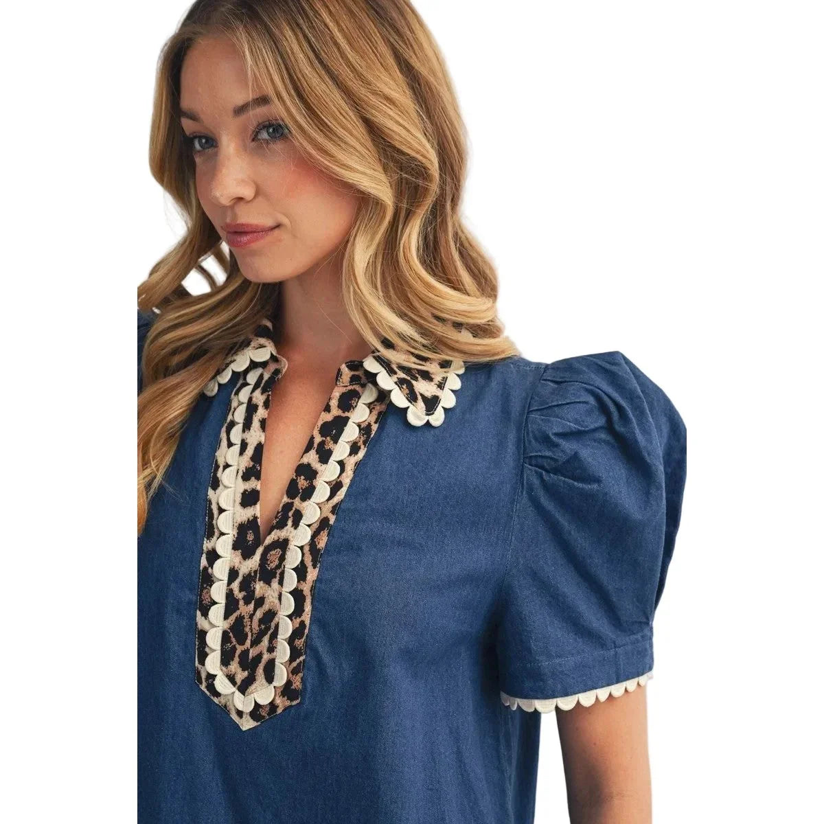 Women's Denim Puff Shoulder Lovely Denim Top R7298