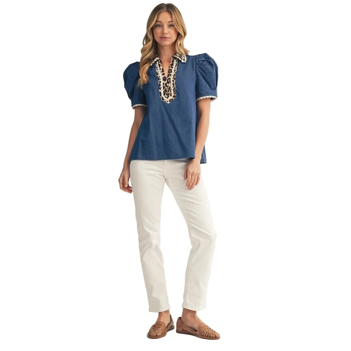 Women's Denim Puff Shoulder Lovely Denim Top R7298