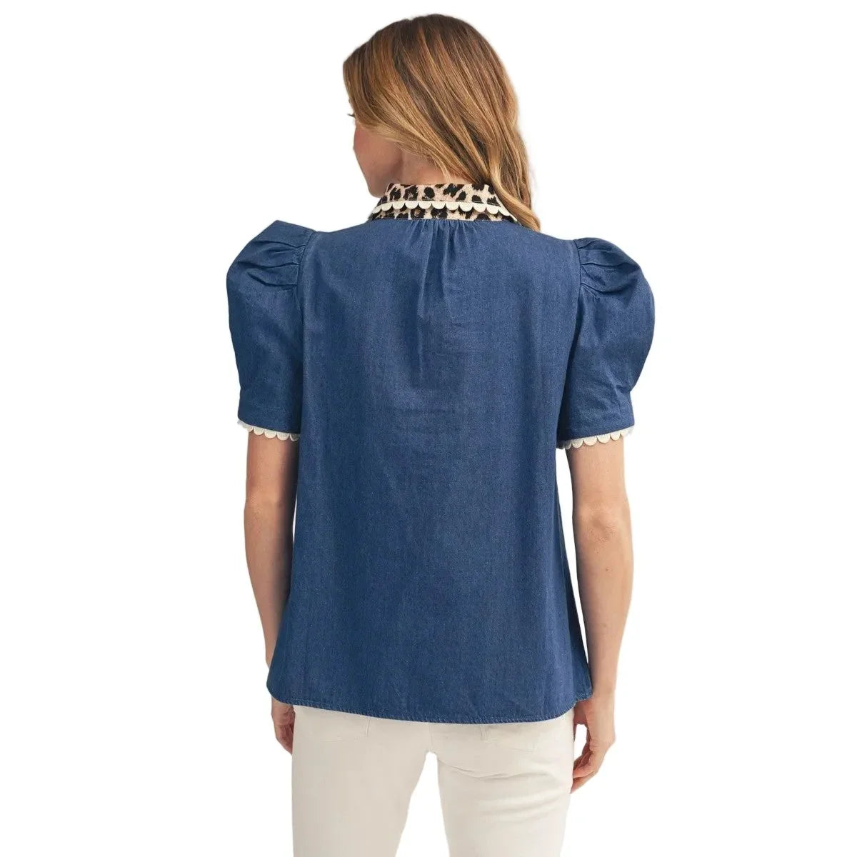 Women's Denim Puff Shoulder Lovely Denim Top R7298