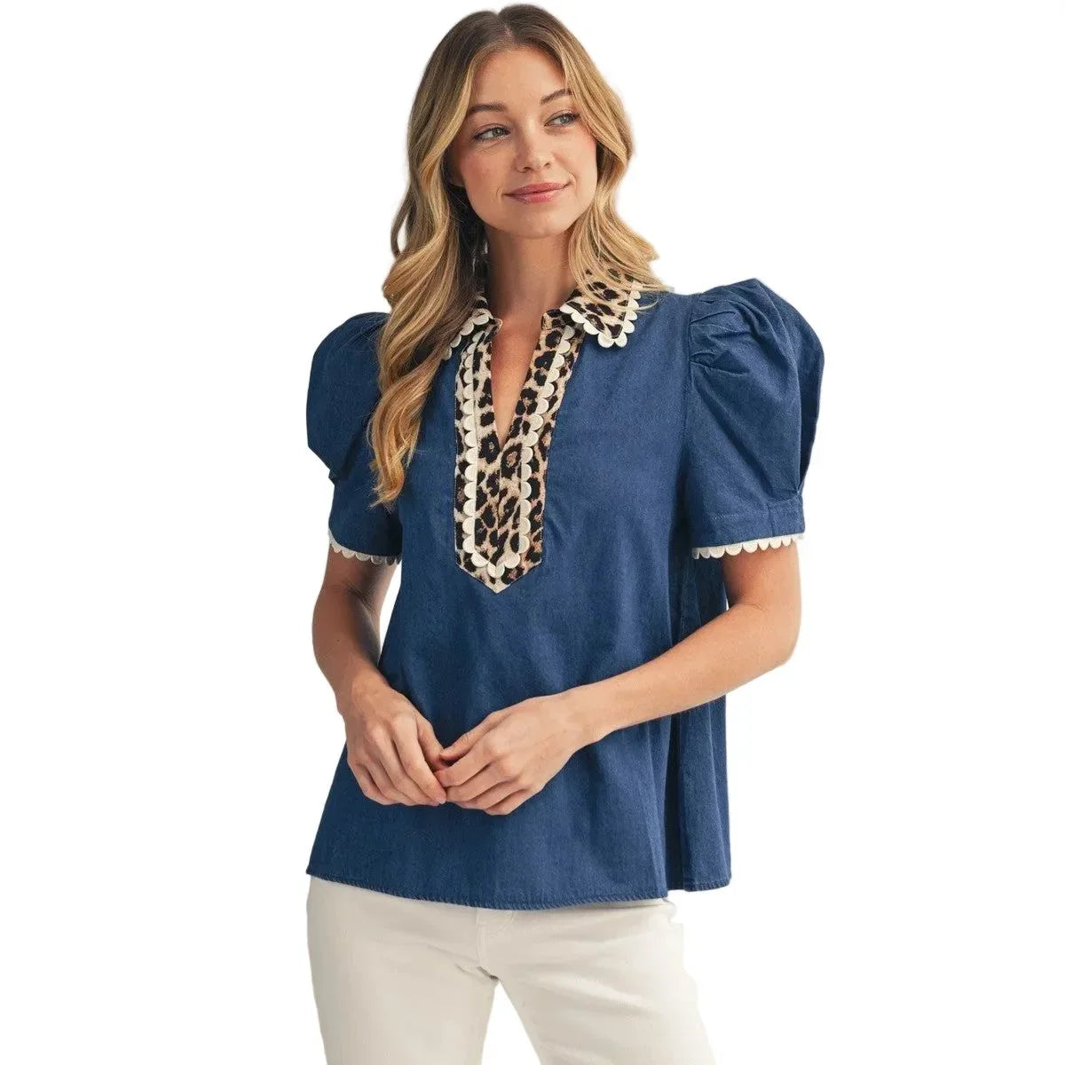 Women's Denim Puff Shoulder Lovely Denim Top R7298