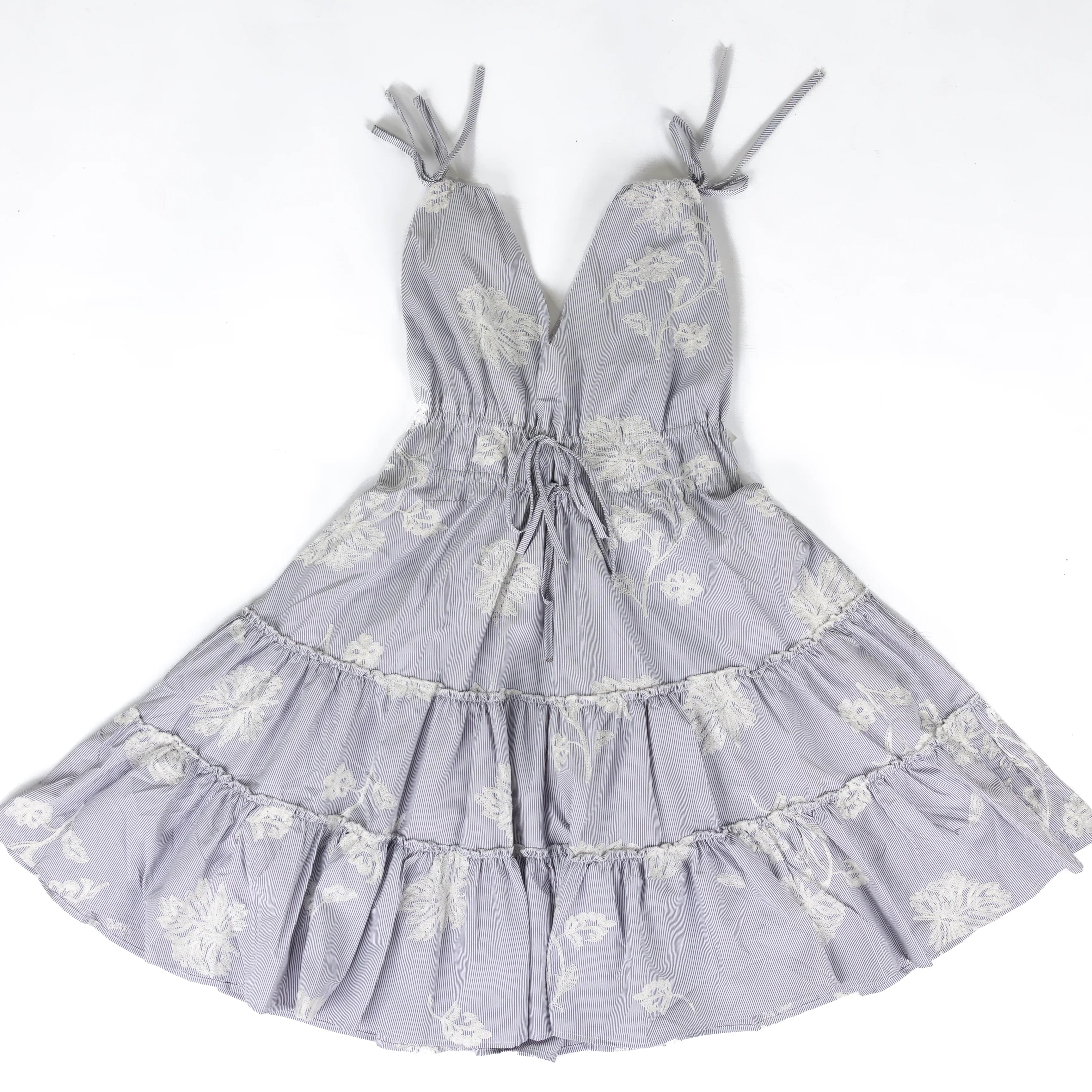 Women's Easel Blue Striped Floral Embroidery Dress SD300028