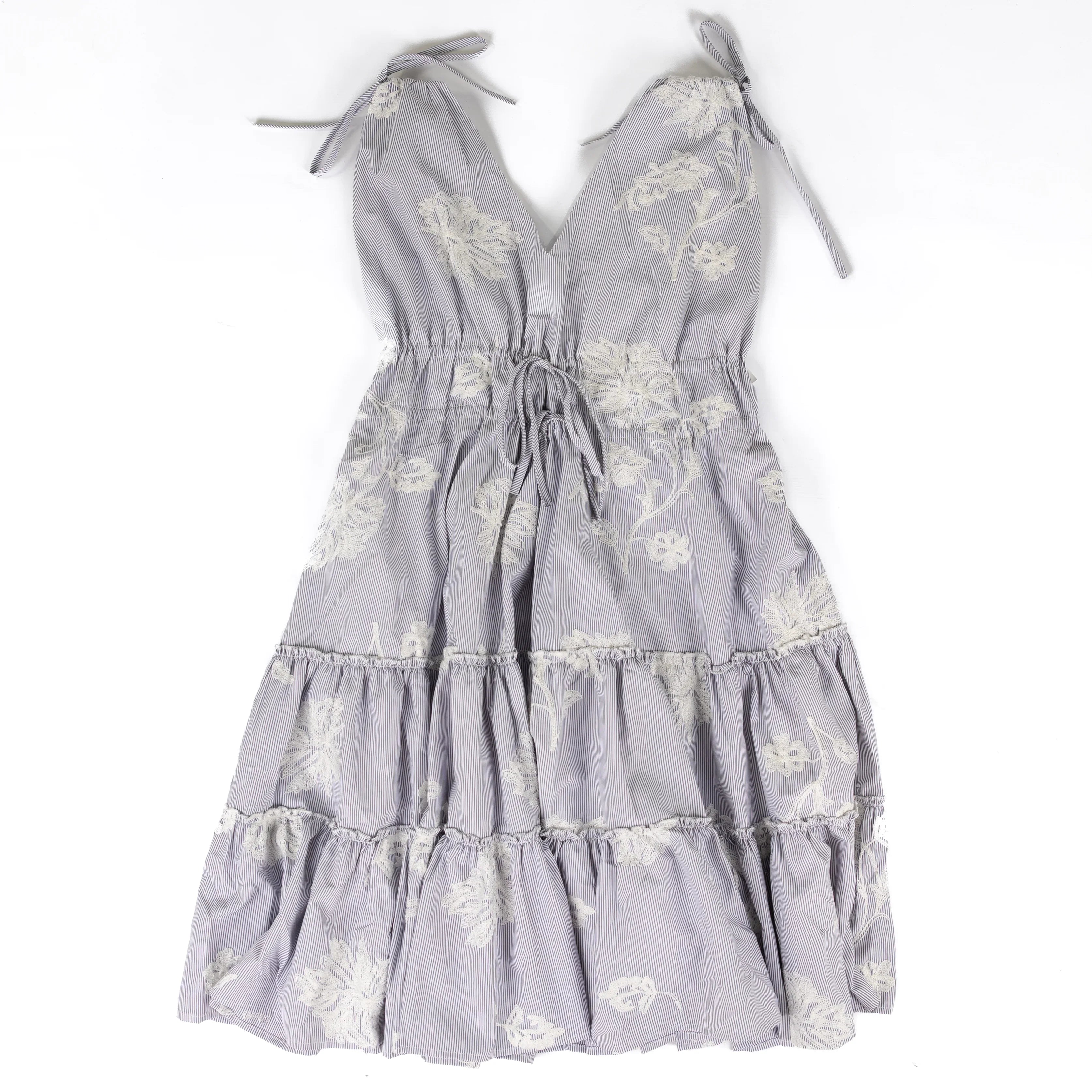 Women's Easel Blue Striped Floral Embroidery Dress SD300028