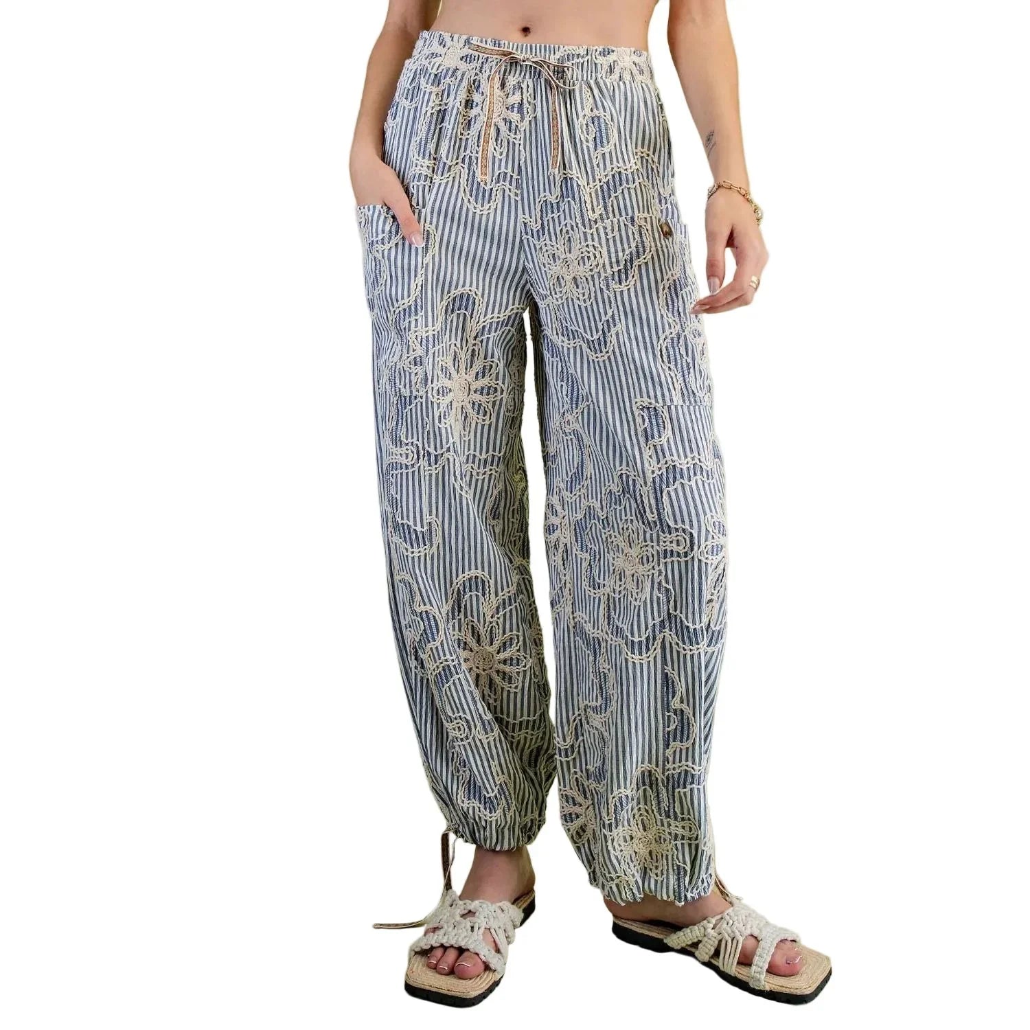 Women's Easel Denim Blue Embroidery Striped Woven Pants SB600018