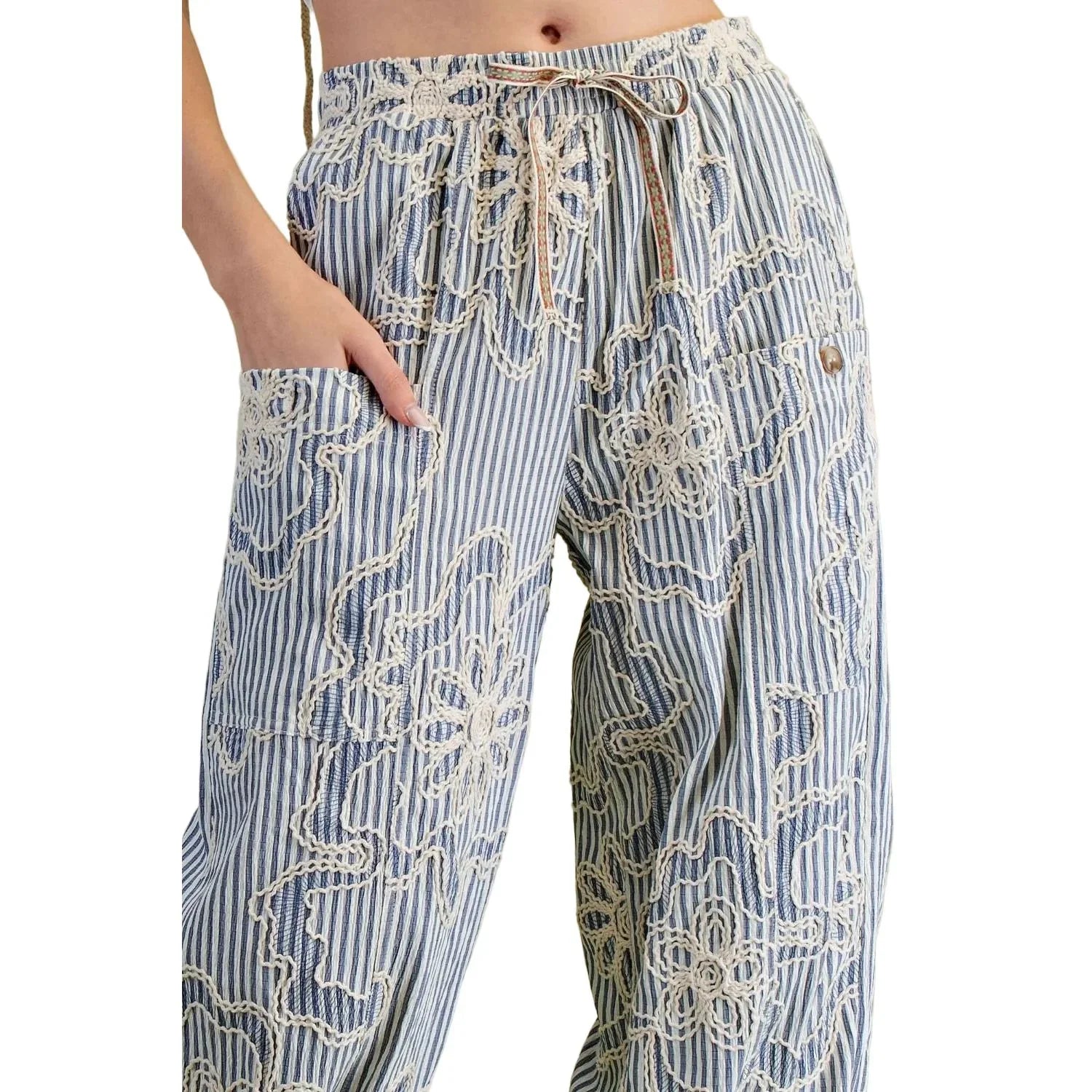 Women's Easel Denim Blue Embroidery Striped Woven Pants SB600018