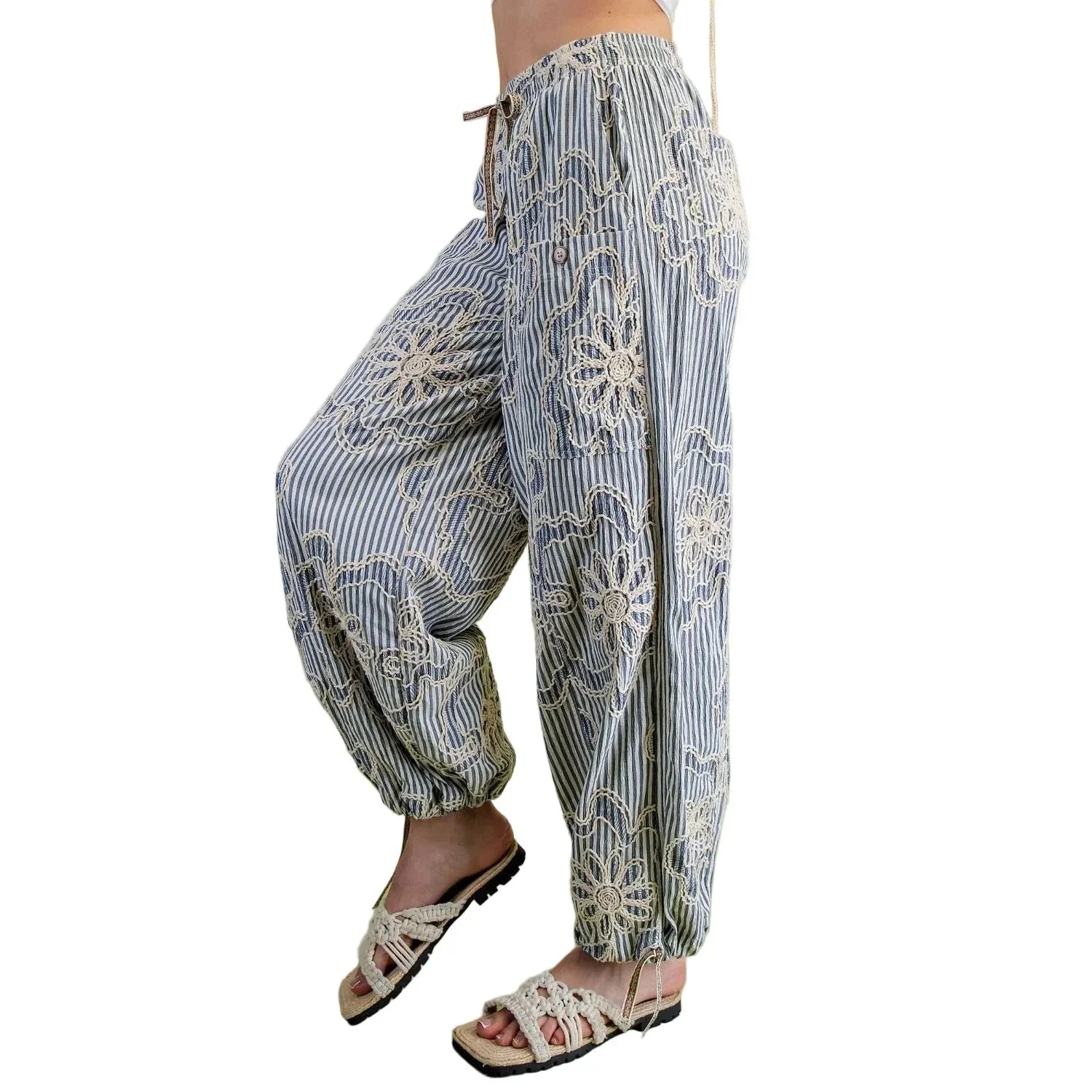 Women's Easel Denim Blue Embroidery Striped Woven Pants SB600018