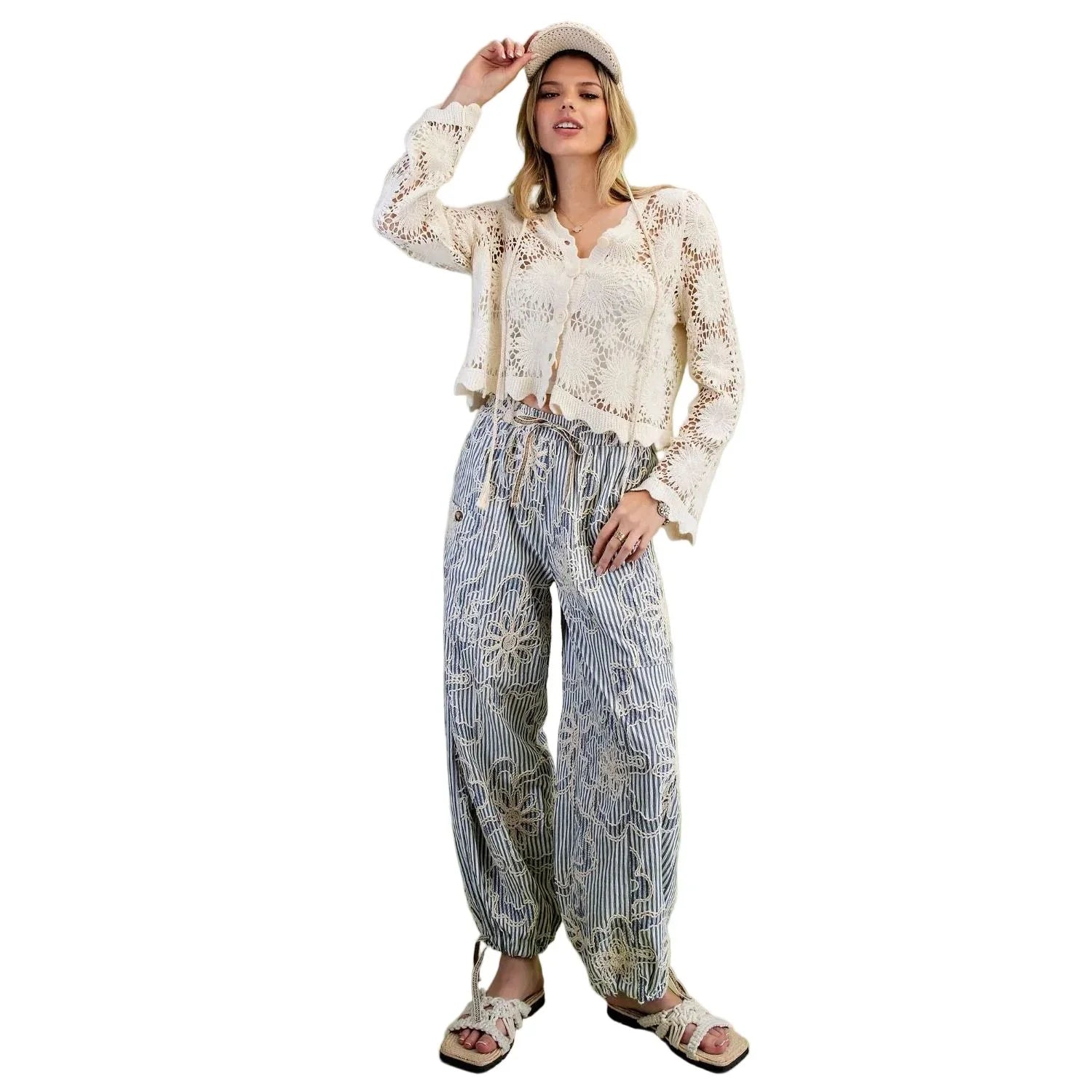 Women's Easel Denim Blue Embroidery Striped Woven Pants SB600018