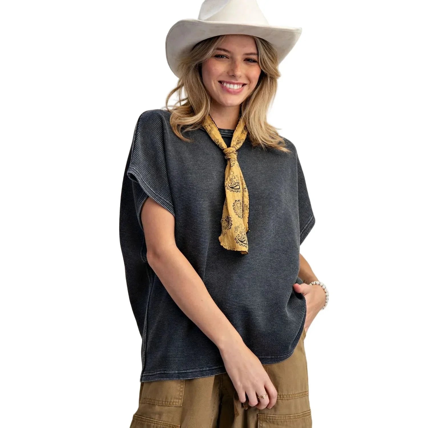 Women's Easel Drop Shoulder Textured Washed Blouse ET72054