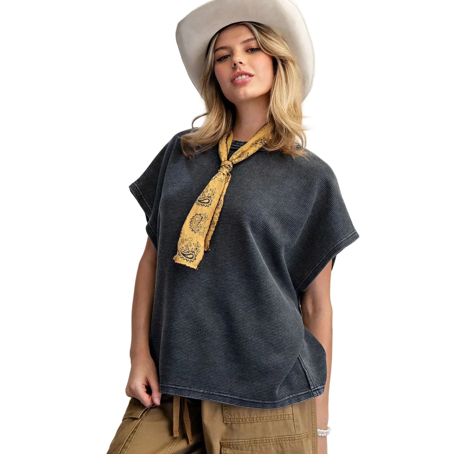 Women's Easel Drop Shoulder Textured Washed Blouse ET72054