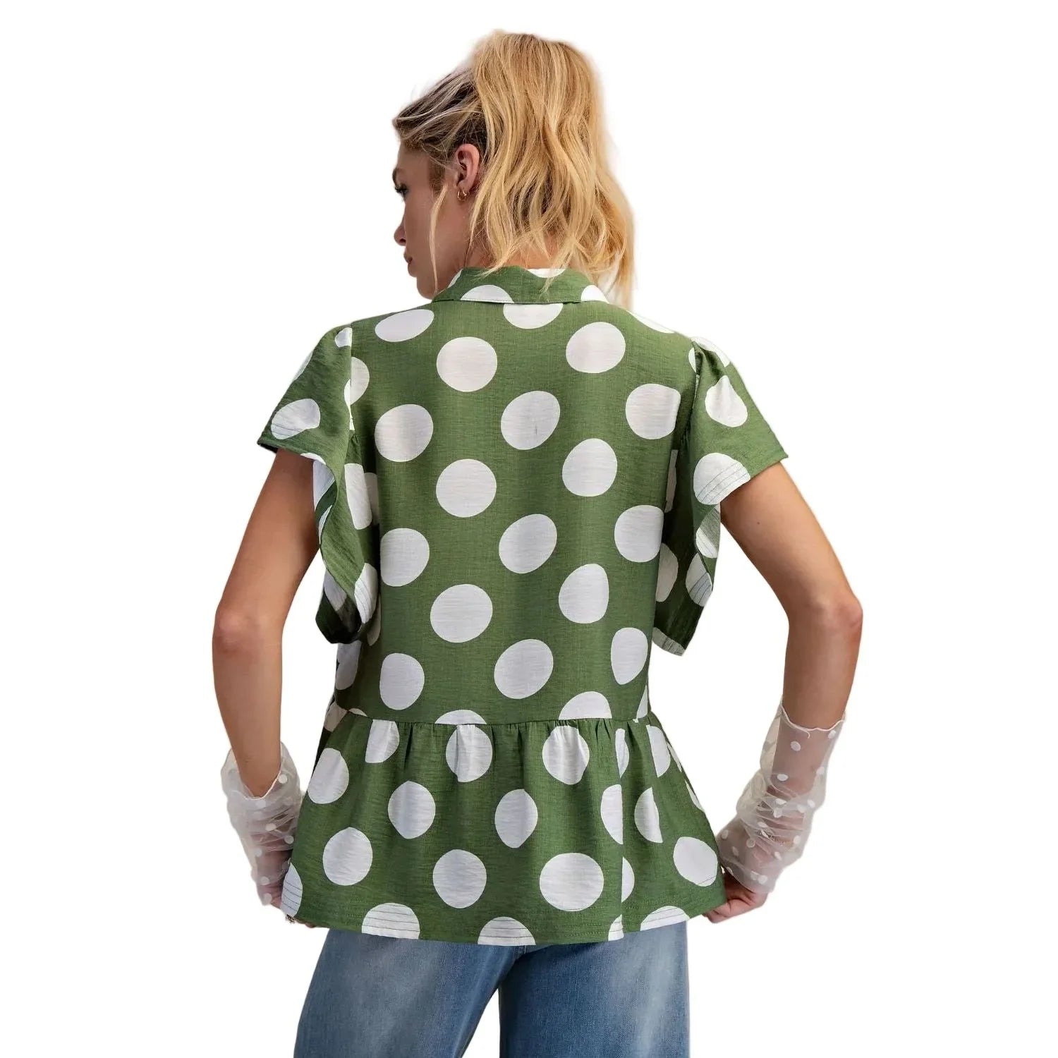 Women's Easel Green and White Polka Dot Button Down Ruffle Blouse ET29424