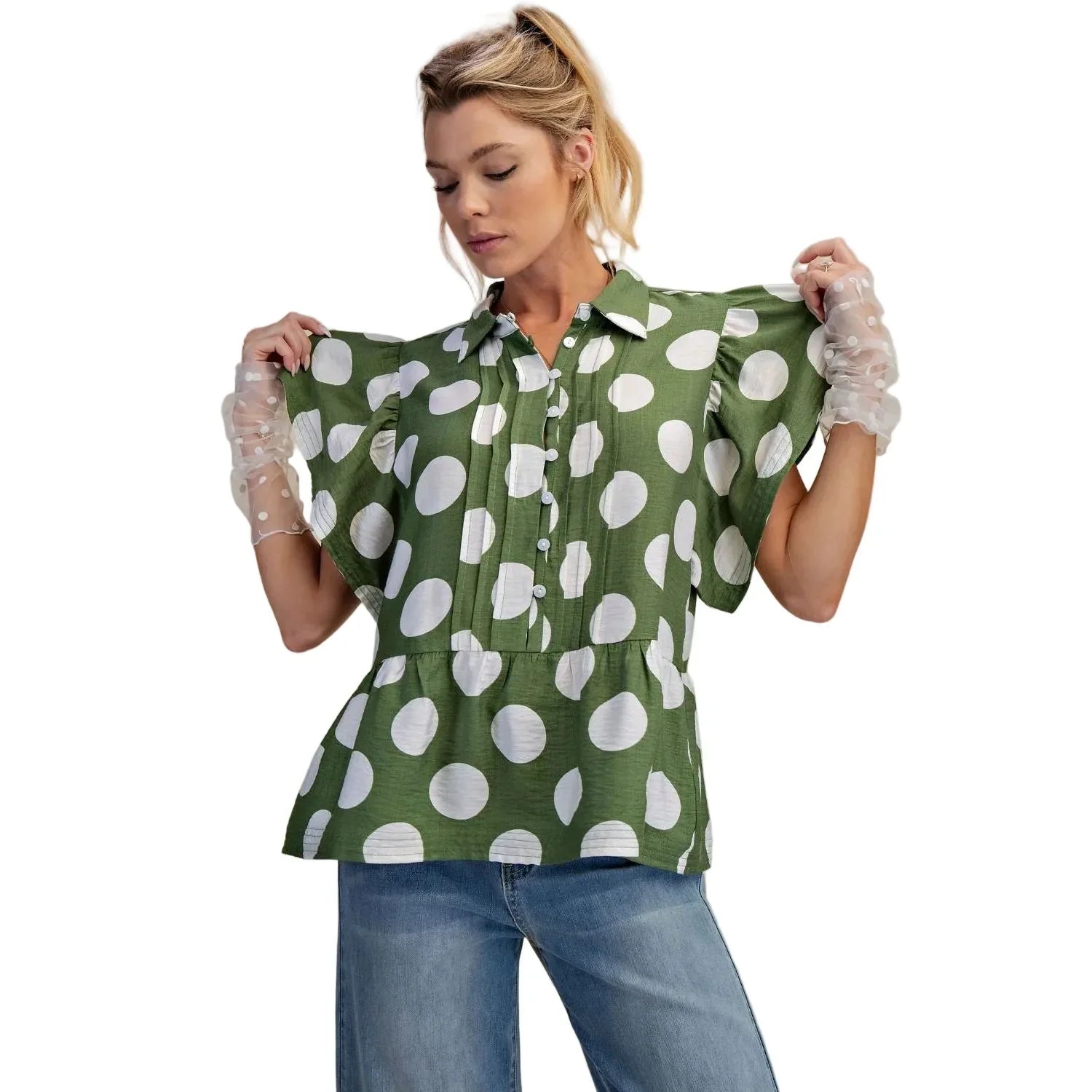 Women's Easel Green and White Polka Dot Button Down Ruffle Blouse ET29424