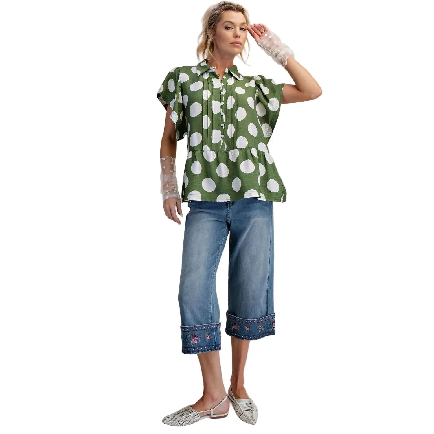 Women's Easel Green and White Polka Dot Button Down Ruffle Blouse ET29424