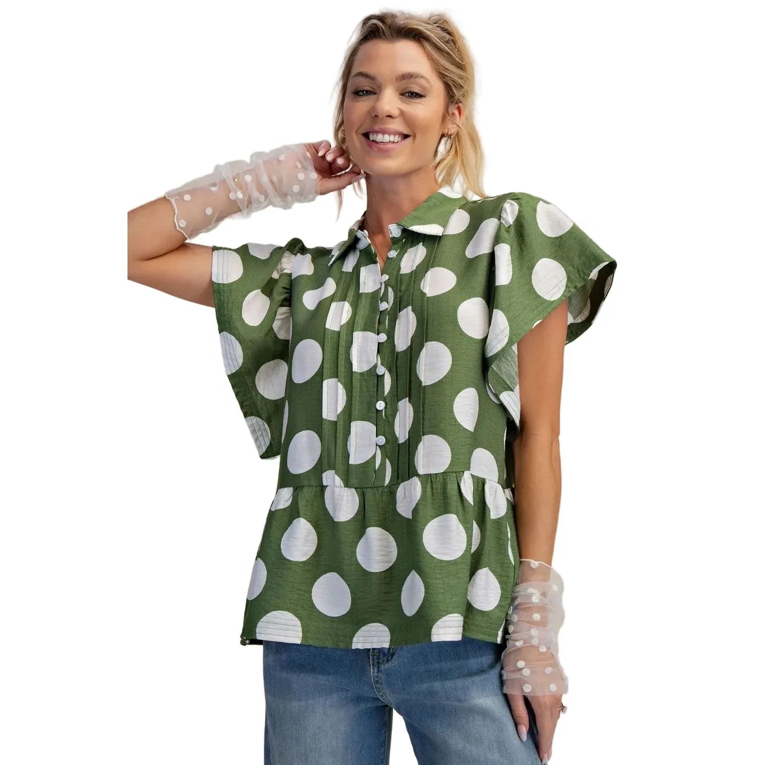 Women's Easel Green and White Polka Dot Button Down Ruffle Blouse ET29424