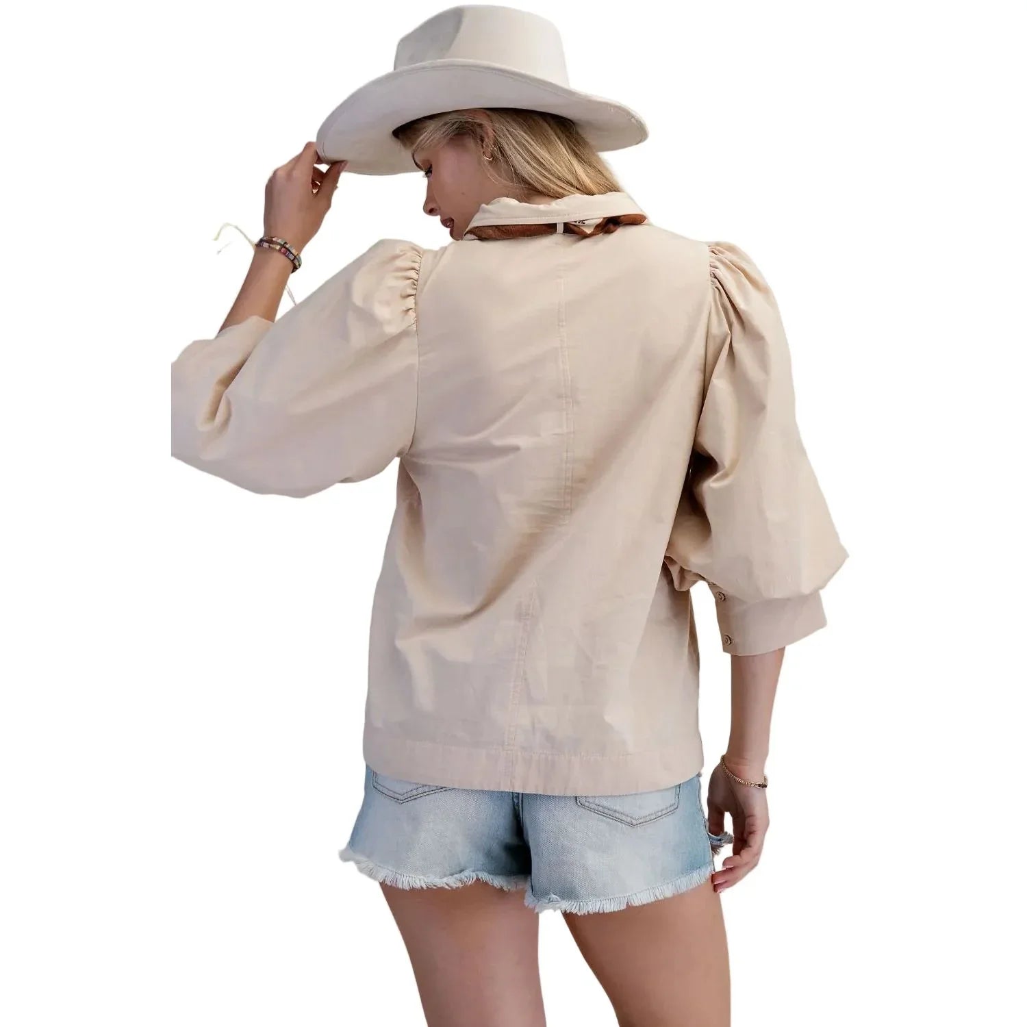 Women's Easel Khaki Cotton Poplin Blouse with Scarf ET71996