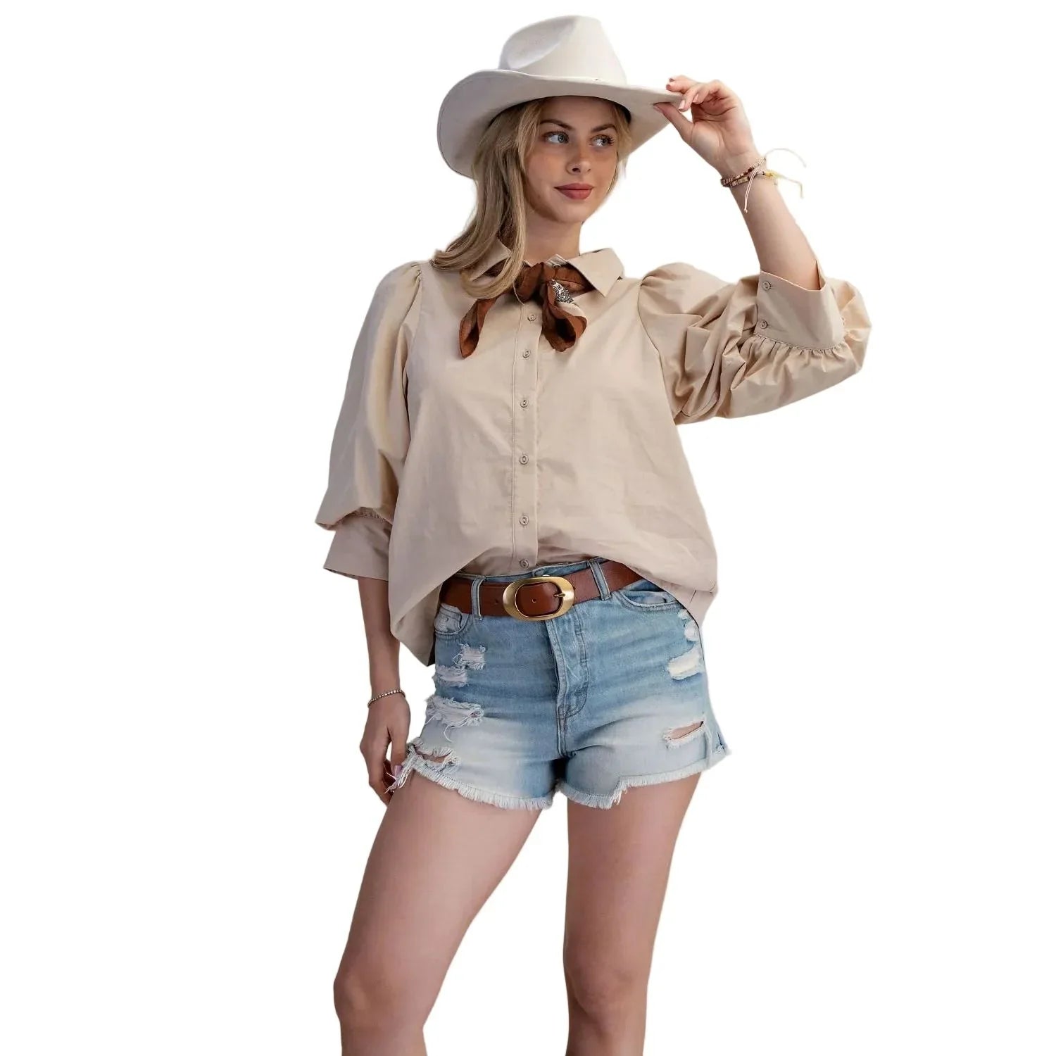 Women's Easel Khaki Cotton Poplin Blouse with Scarf ET71996