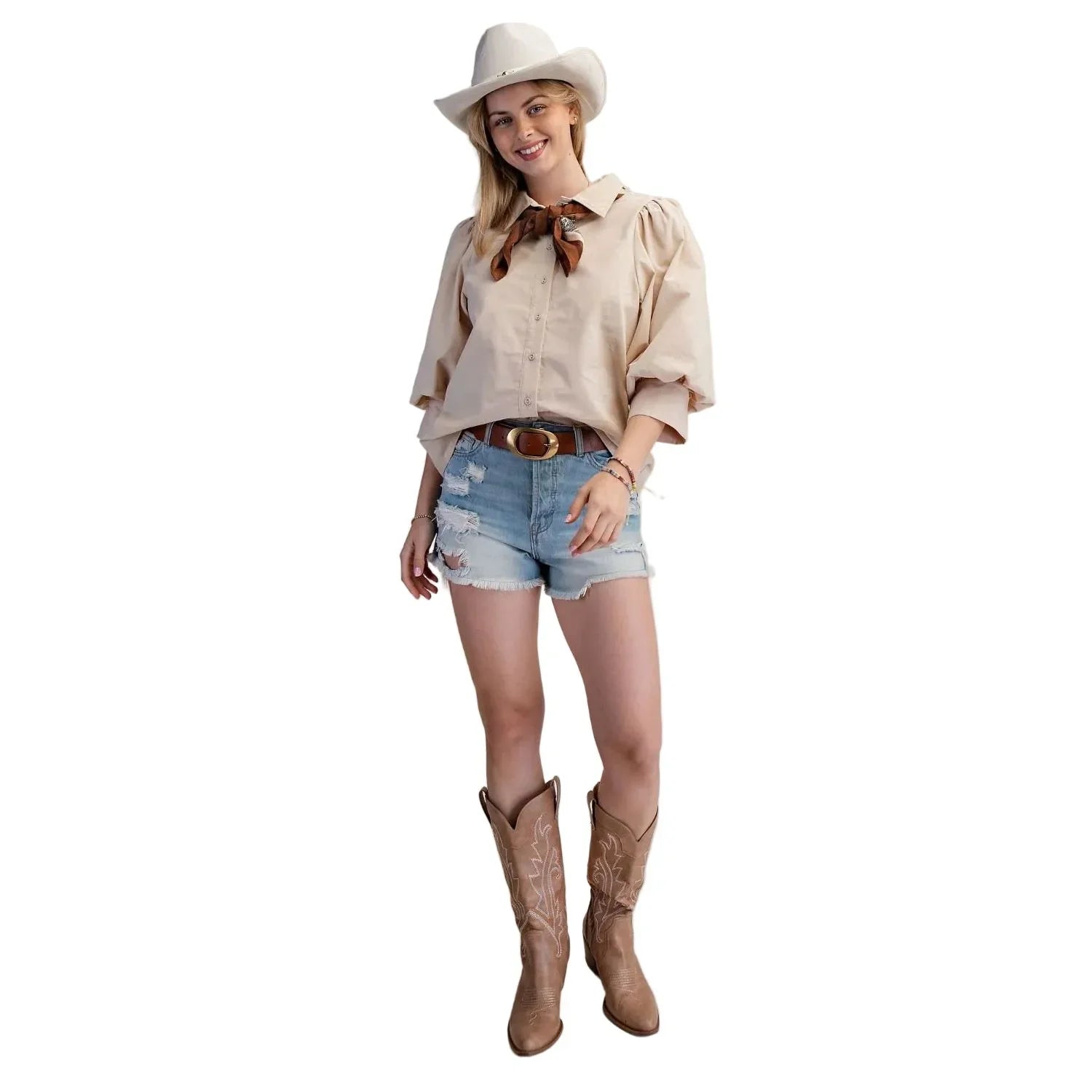 Women's Easel Khaki Cotton Poplin Blouse with Scarf ET71996