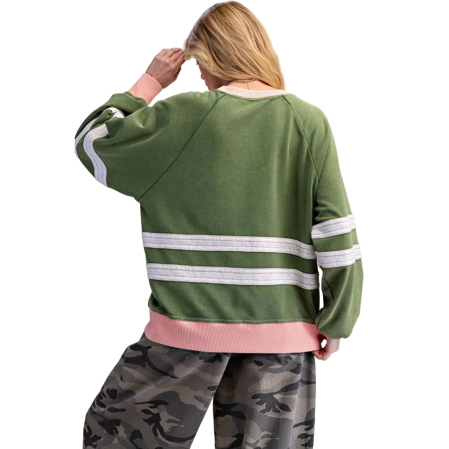 Women's Easel Matcha Green Color Mix Washed Terry Pullover ET29575