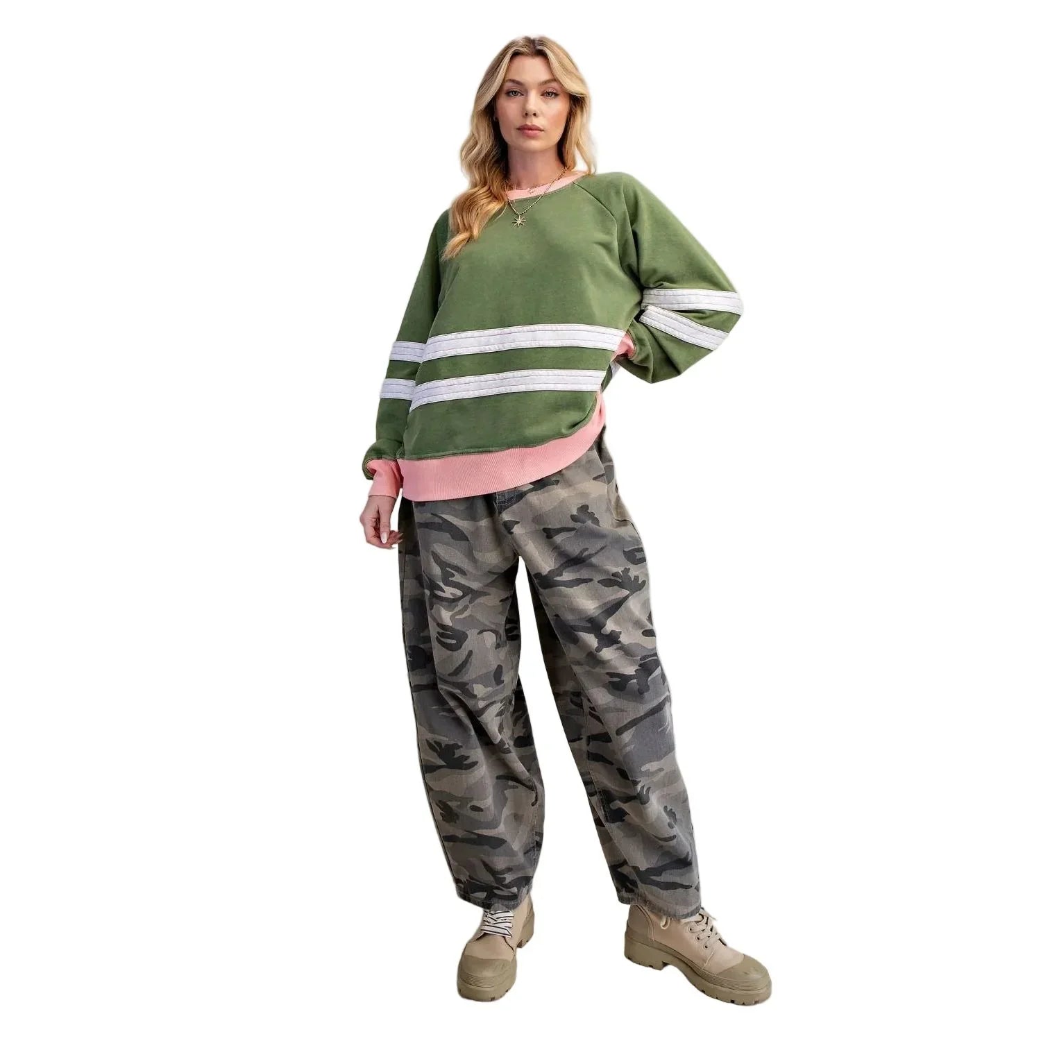 Women's Easel Matcha Green Color Mix Washed Terry Pullover ET29575