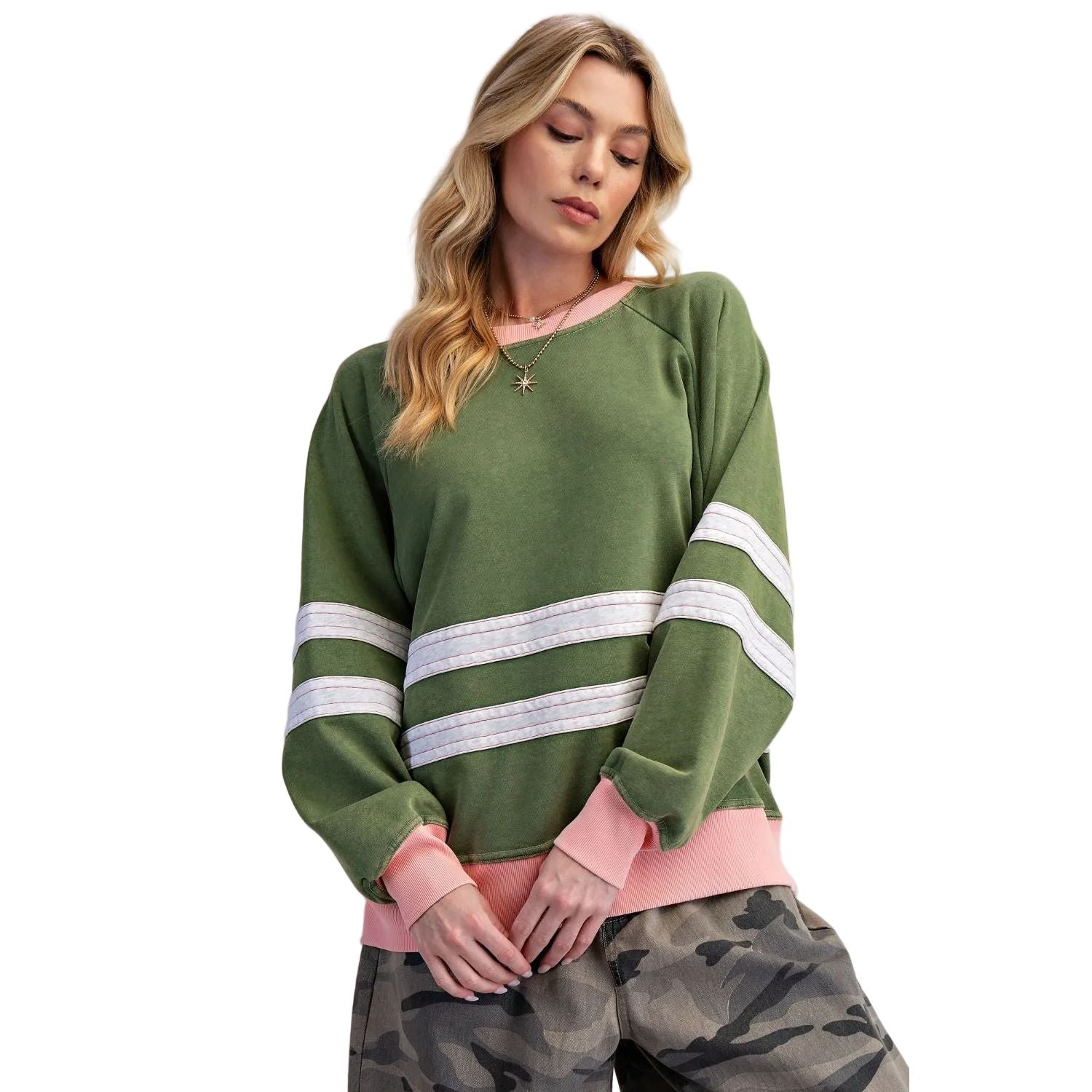 Women's Easel Matcha Green Color Mix Washed Terry Pullover ET29575