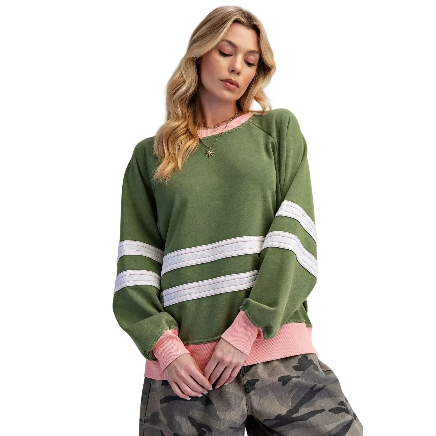 Women's Easel Matcha Green Color Mix Washed Terry Pullover ET29575