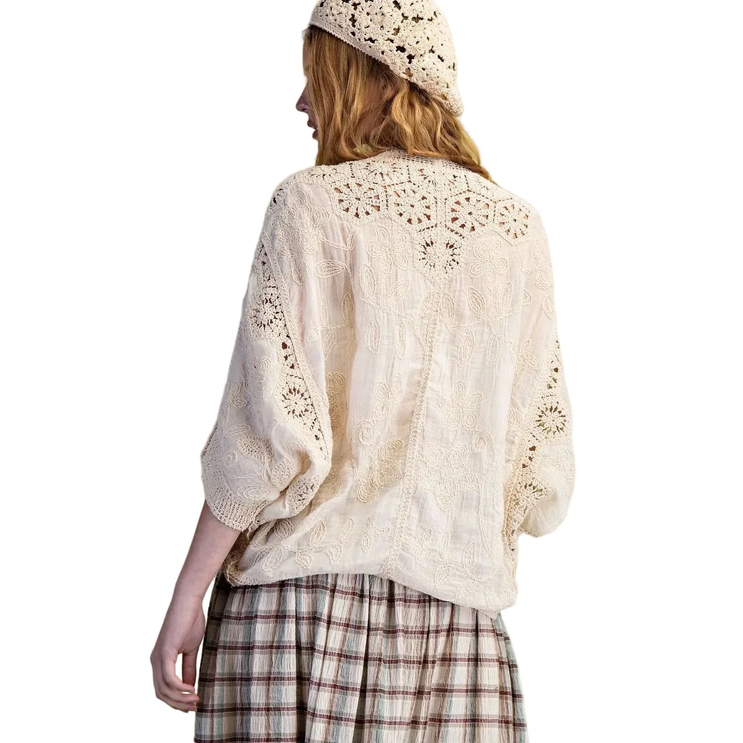 Women's Easel Natural Dolman Sleeves Crochet Mix Button Front Blouse ST100070