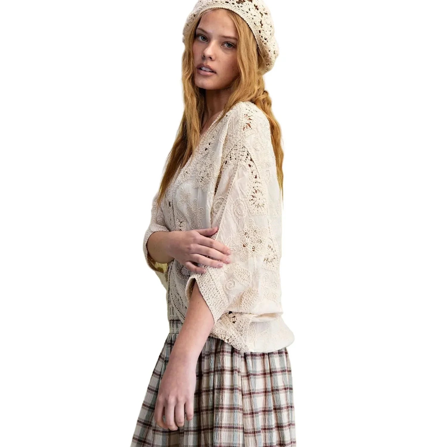 Women's Easel Natural Dolman Sleeves Crochet Mix Button Front Blouse ST100070