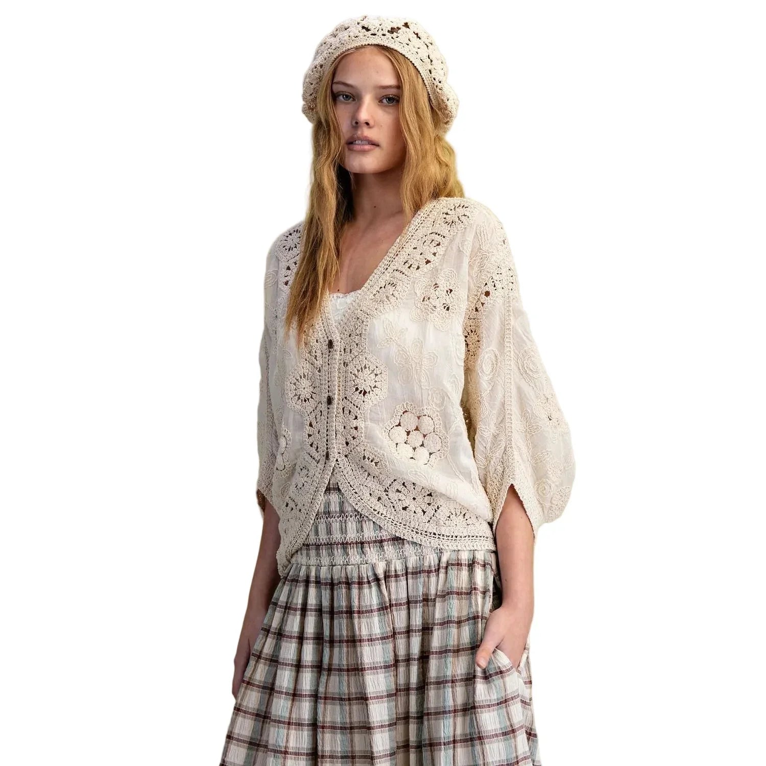 Women's Easel Natural Dolman Sleeves Crochet Mix Button Front Blouse ST100070