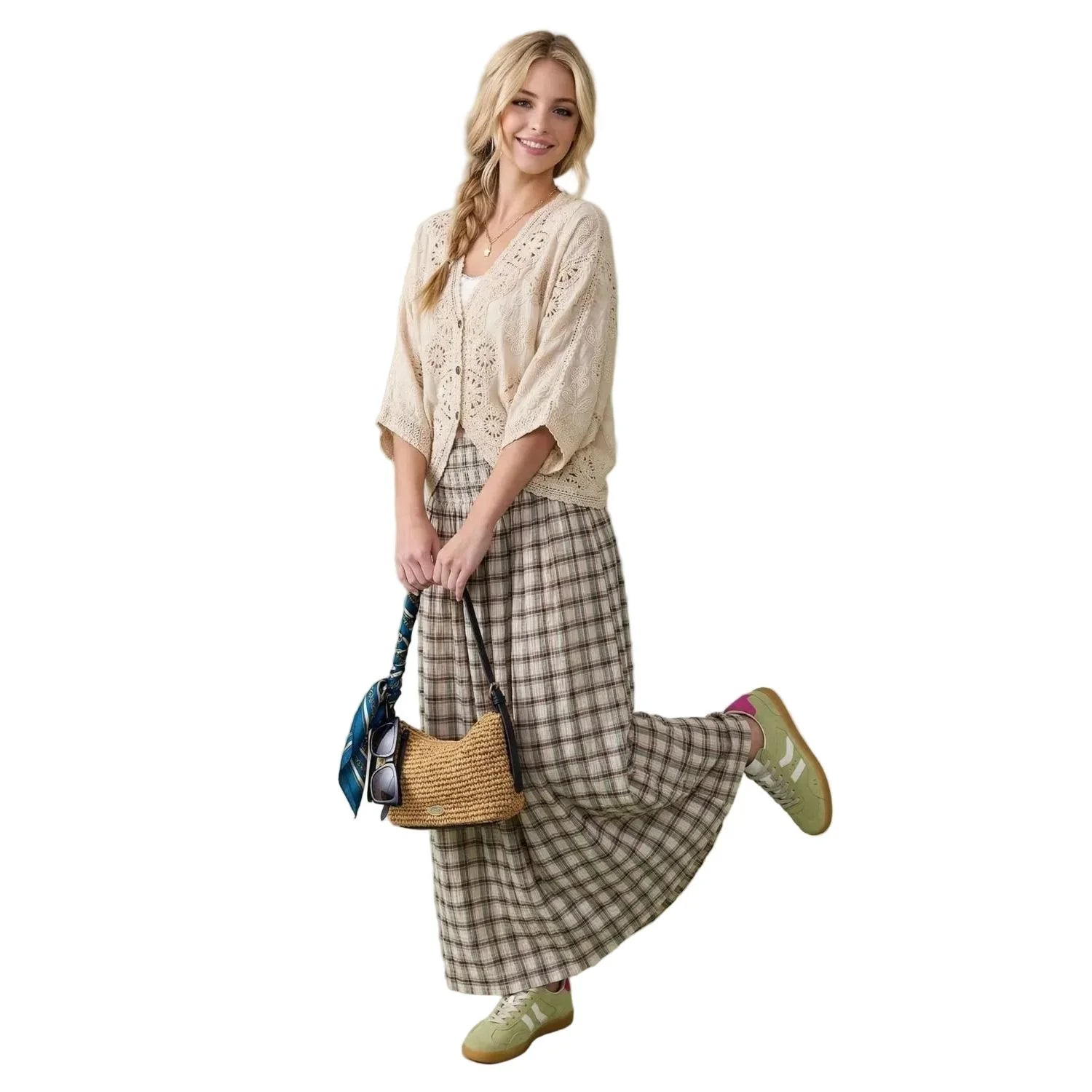 Women's Easel Natural Dolman Sleeves Crochet Mix Button Front Blouse ST100070